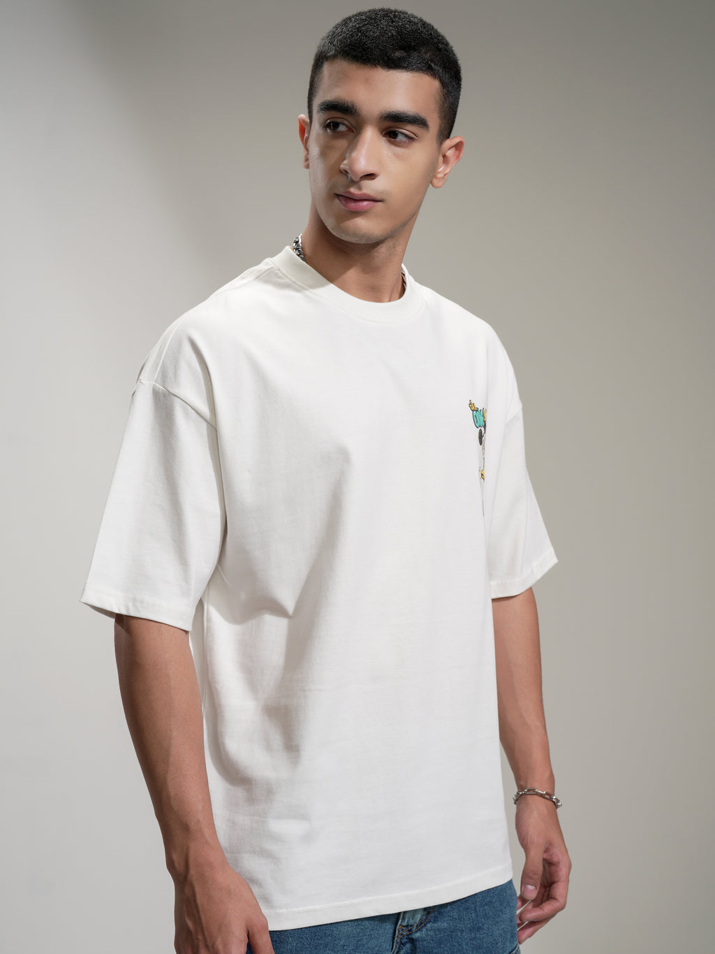 Disney By Highlander Men Off White Mickey Mouse Printed Round Neck Oversized Fit T-Shirt - Off White - Image 6