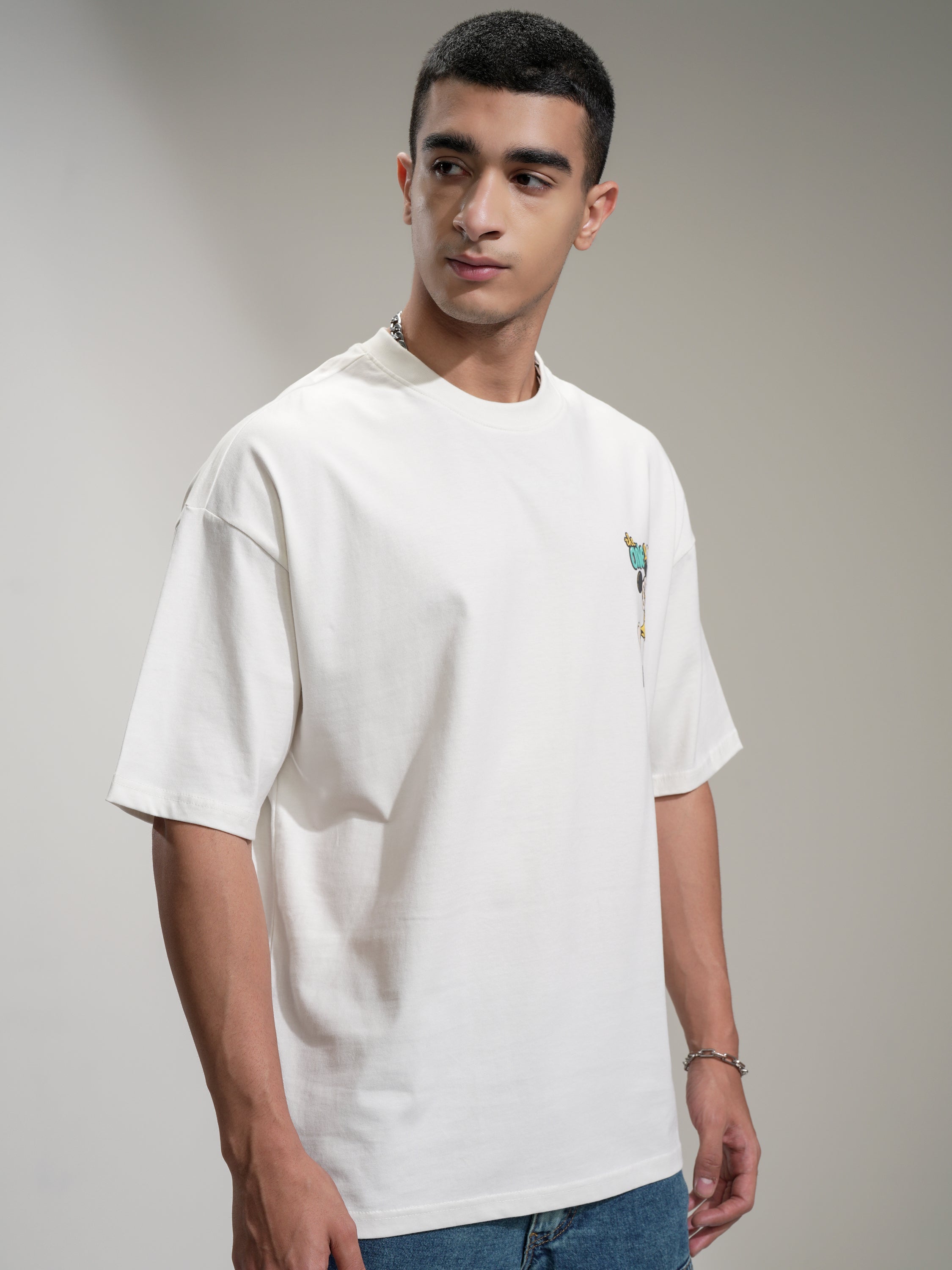 Disney By Highlander Men Off White Mickey Mouse Printed Round Neck Oversized Fit T-Shirt - Off White - Image 6