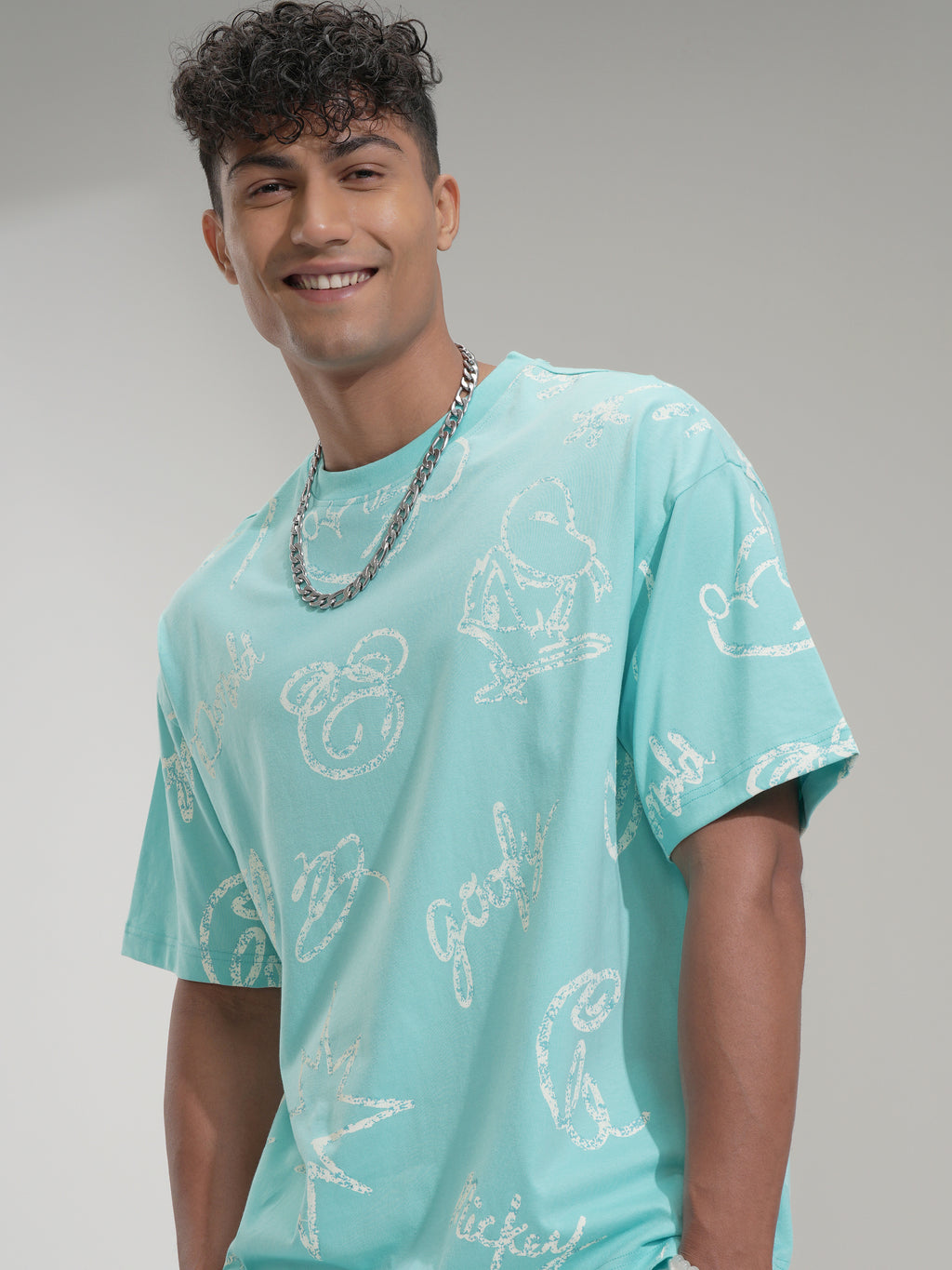 Disney By Highlander Men Blue Goofy Printed Round Neck Oversized Fit T-Shirt - Blue - Image 1