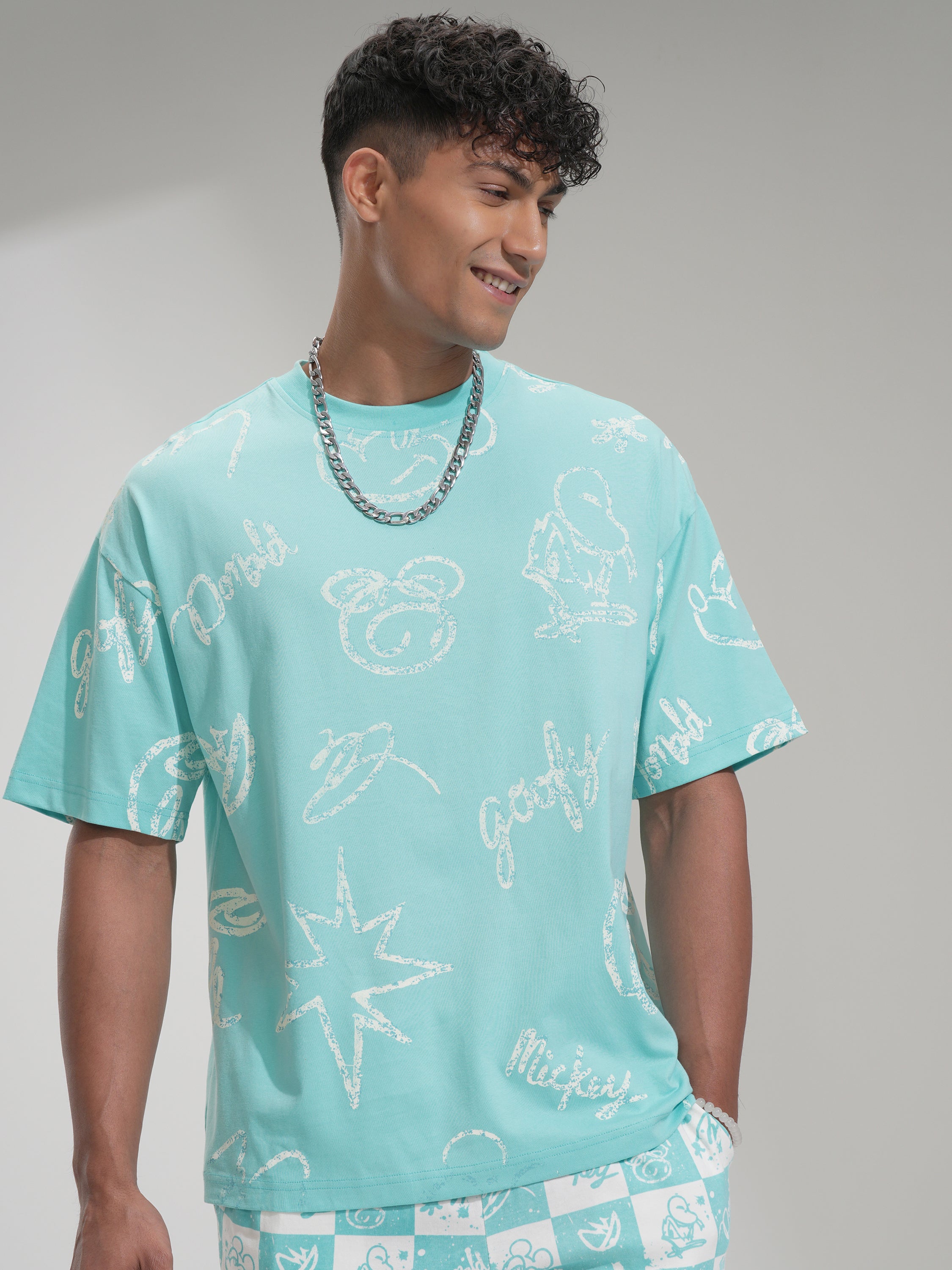 Disney By Highlander Men Blue Goofy Printed Round Neck Oversized Fit T-Shirt - Blue - Image 4