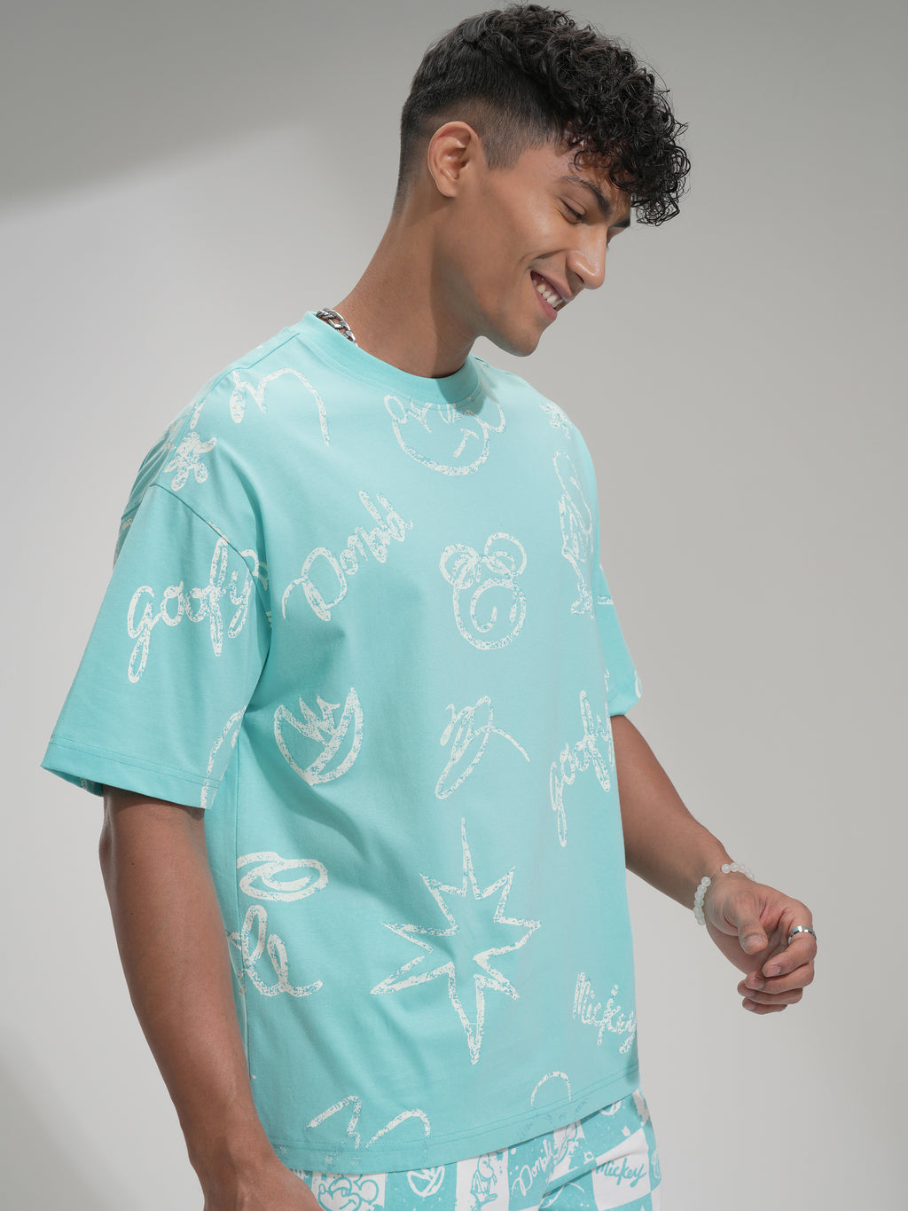 Disney By Highlander Men Blue Goofy Printed Round Neck Oversized Fit T-Shirt - Blue - Image 6