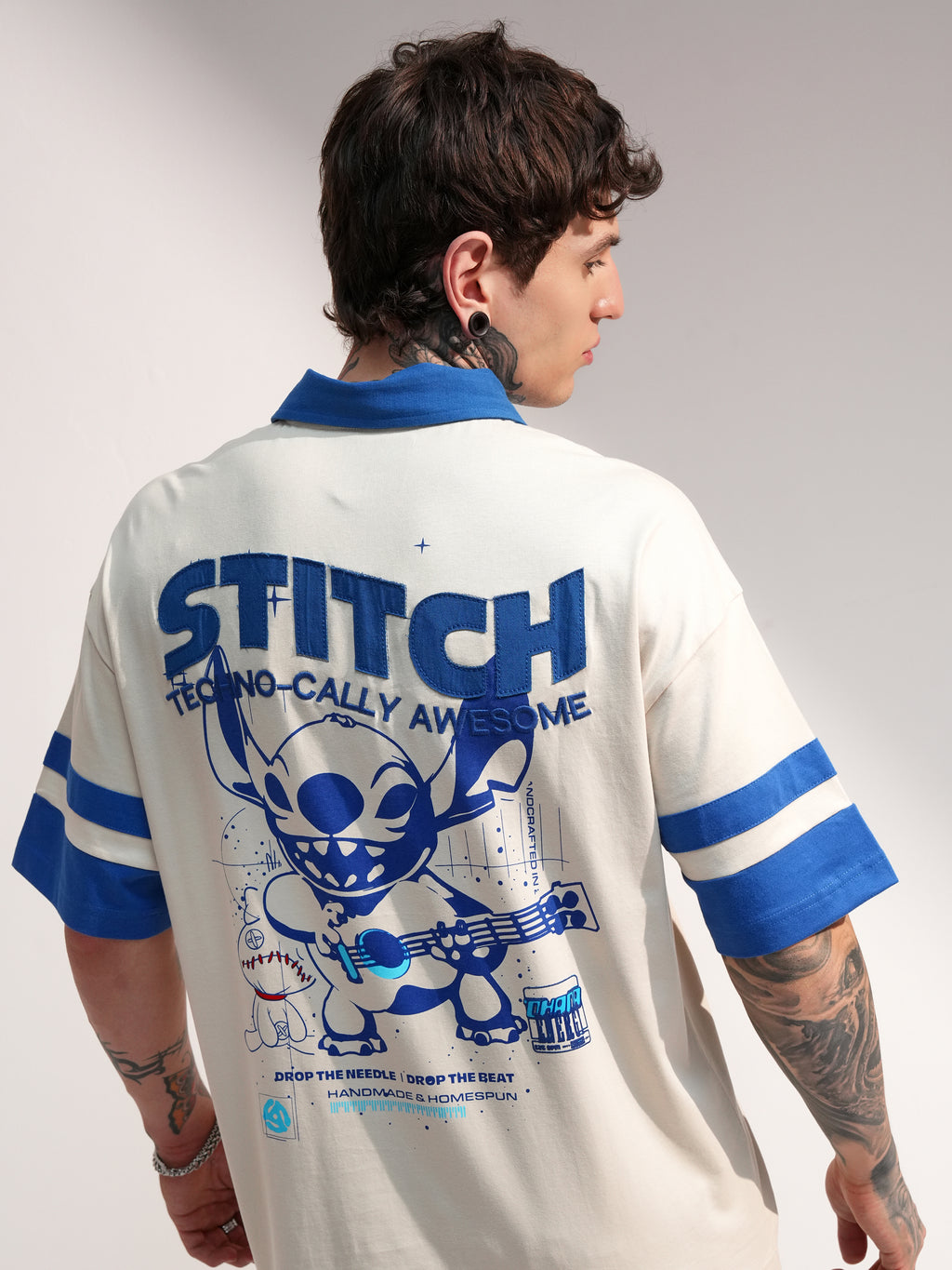 Disney By Highlander Men Cream Stitch Printed Polo Collar T-Shirt - Cream - Image 1