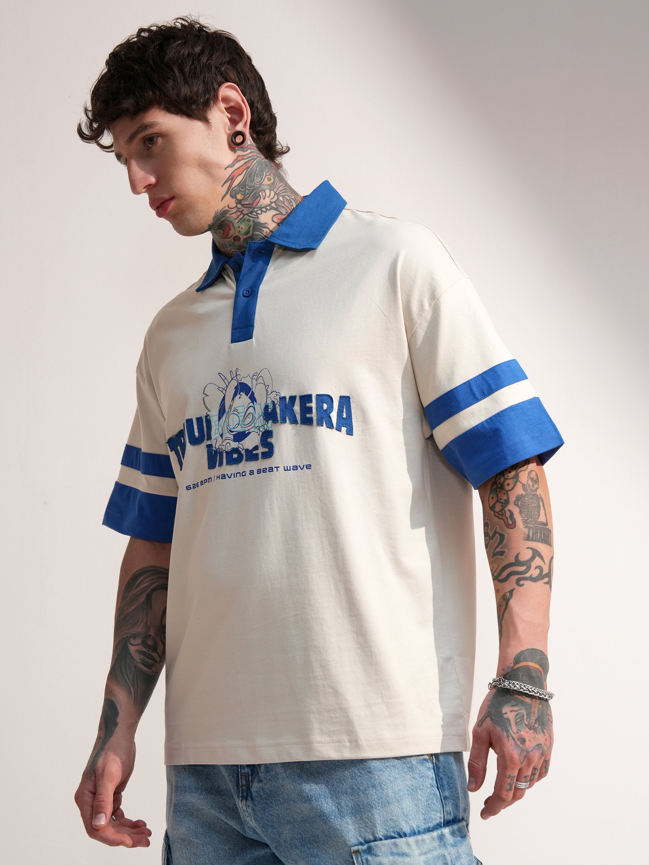 Disney By Highlander Men Cream Stitch Printed Polo Collar T-Shirt - Cream - Image 4