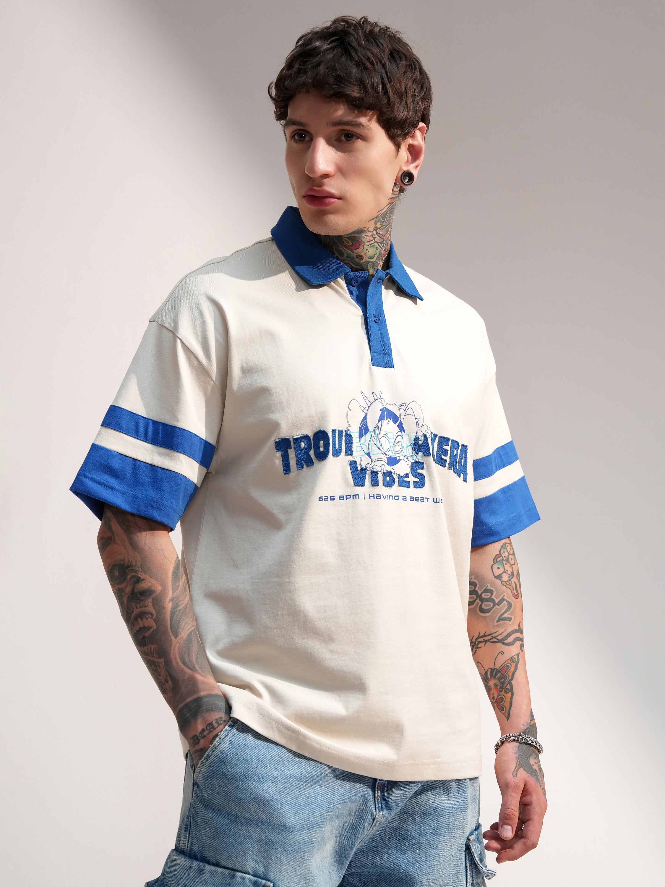 Disney By Highlander Men Cream Stitch Printed Polo Collar T-Shirt - Cream - Image 6