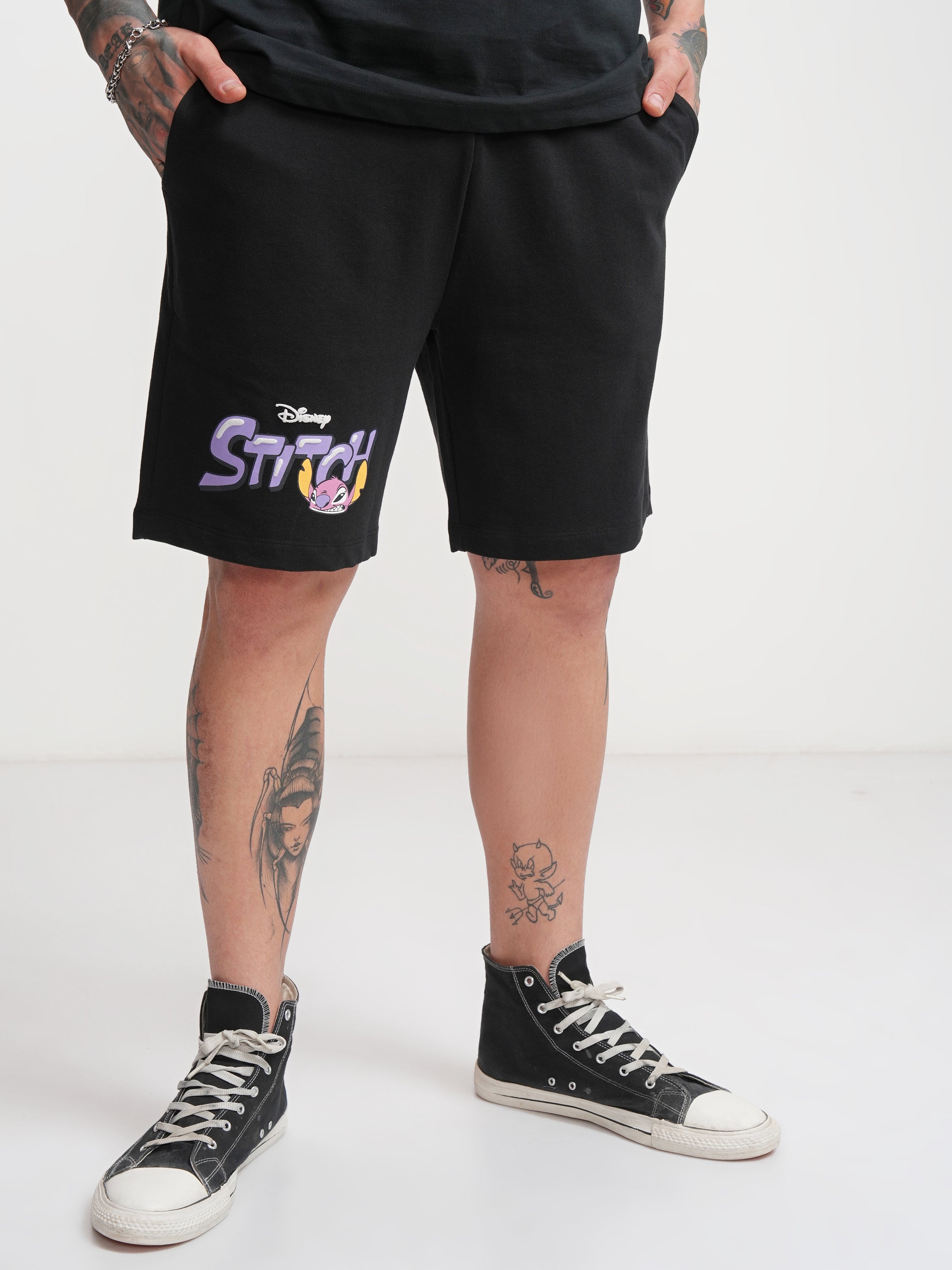 Disney By Highlander Men Black Stitch Relaxed Fit Shorts - Black - Image 1