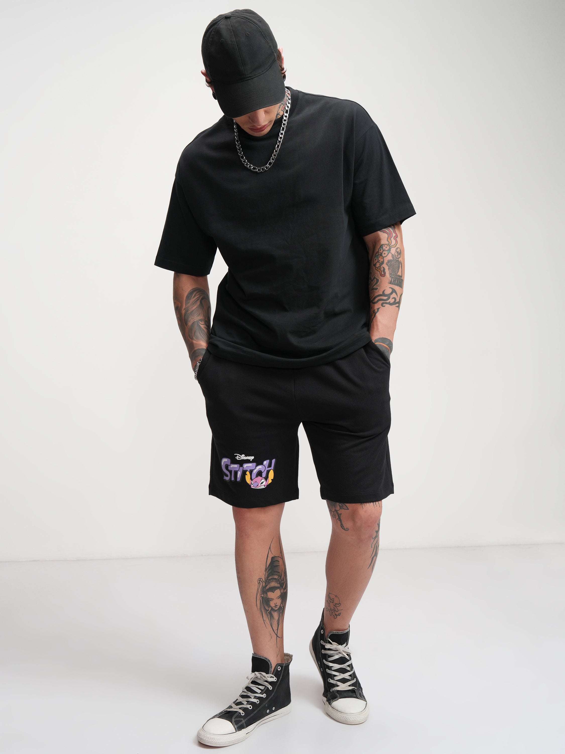 Disney By Highlander Men Black Stitch Relaxed Fit Shorts - Black - Image 2