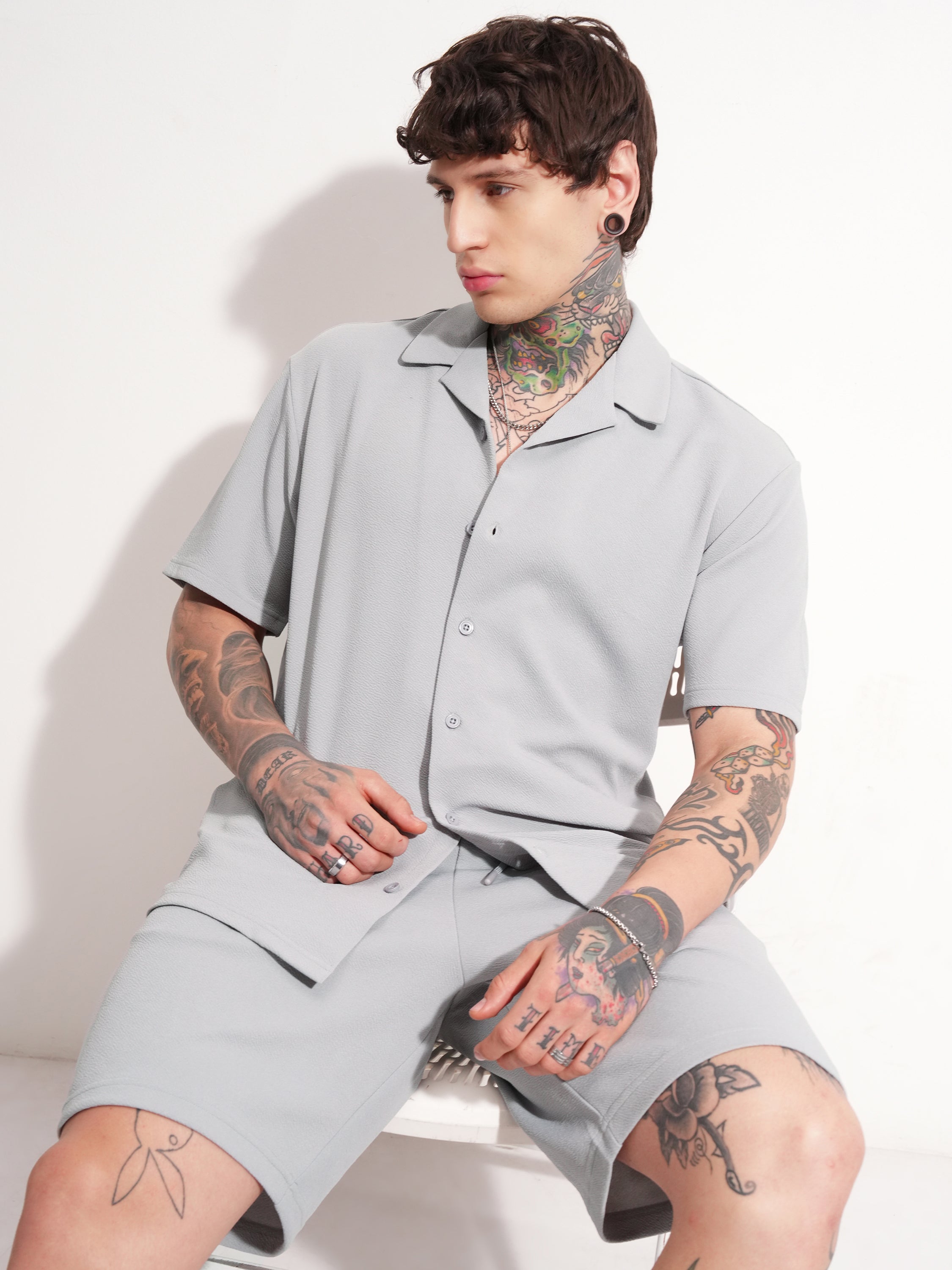 Highlander Men Grey Shirt With Shorts Co-Ords - Grey - Image 1