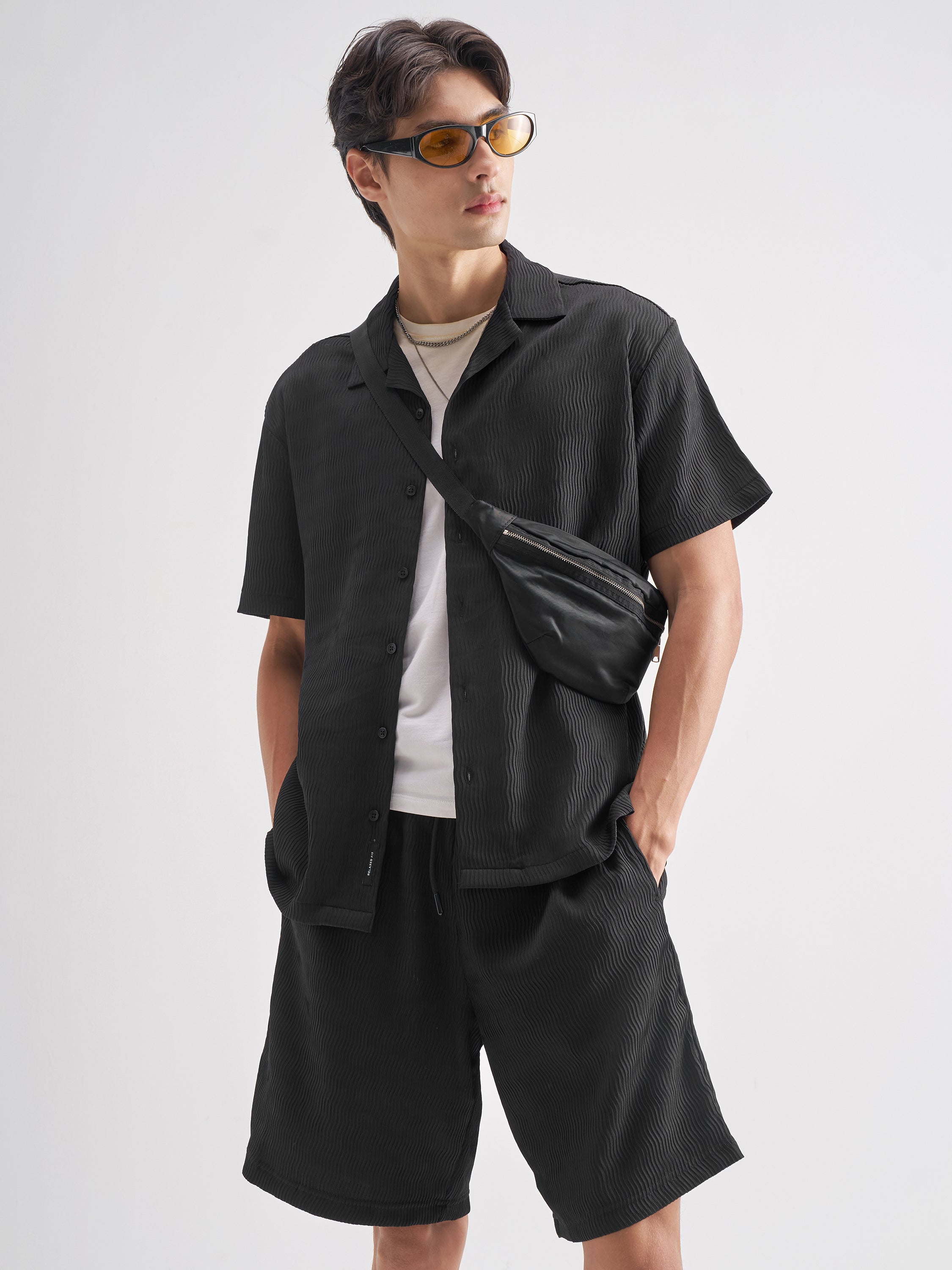 Highlander Men Black Shirt With Shorts Co-Ords - Black - Image 1