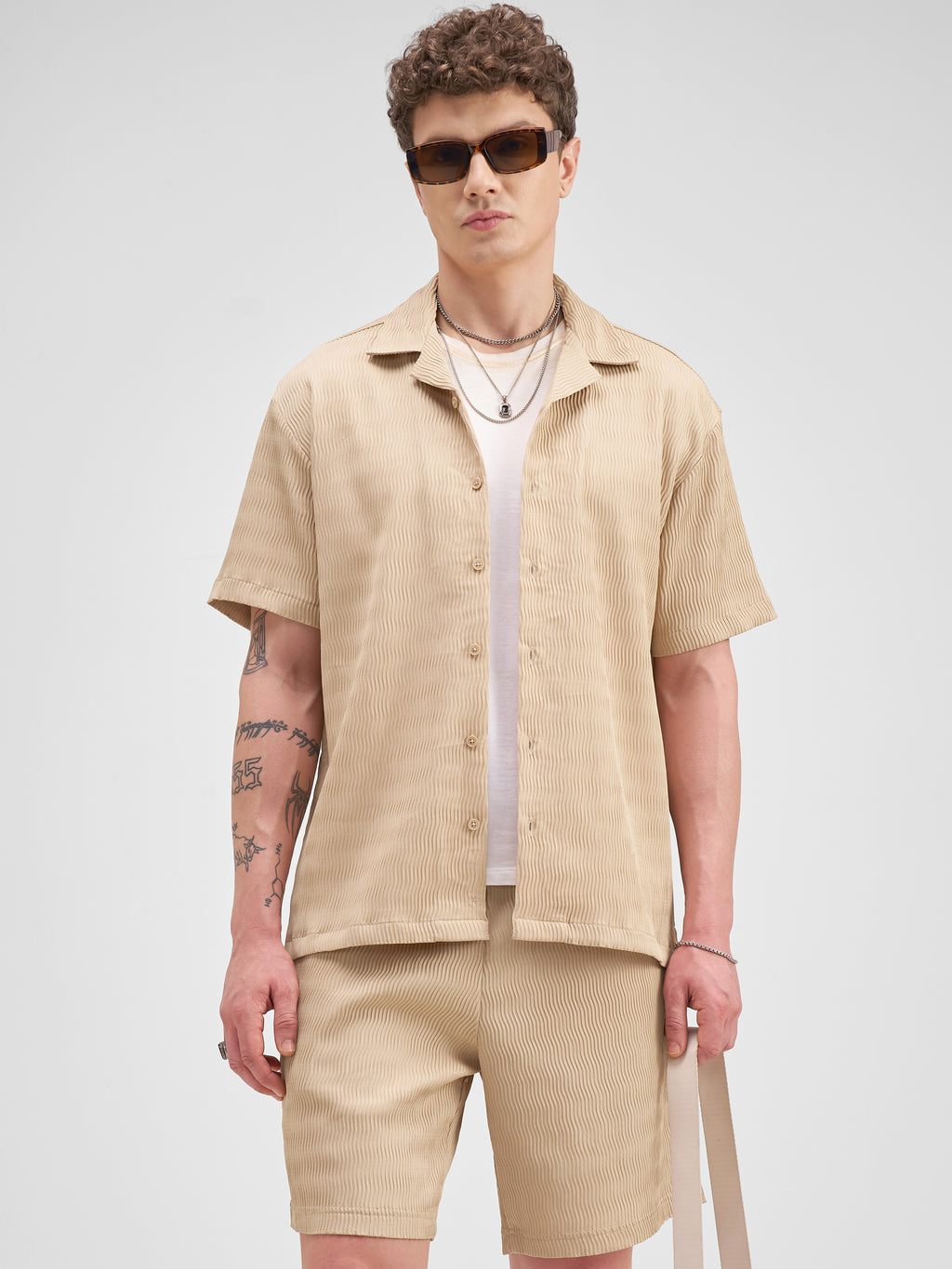 Highlander Men Beige Shirt With Shorts Co-Ords - Beige - Image 1