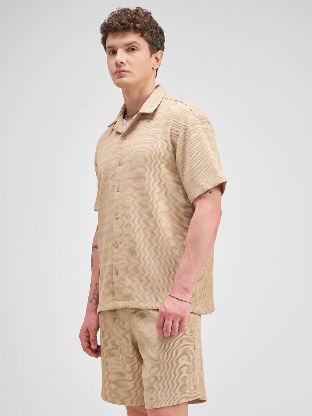 Highlander Men Beige Shirt With Shorts Co-Ords - Beige - Image 4