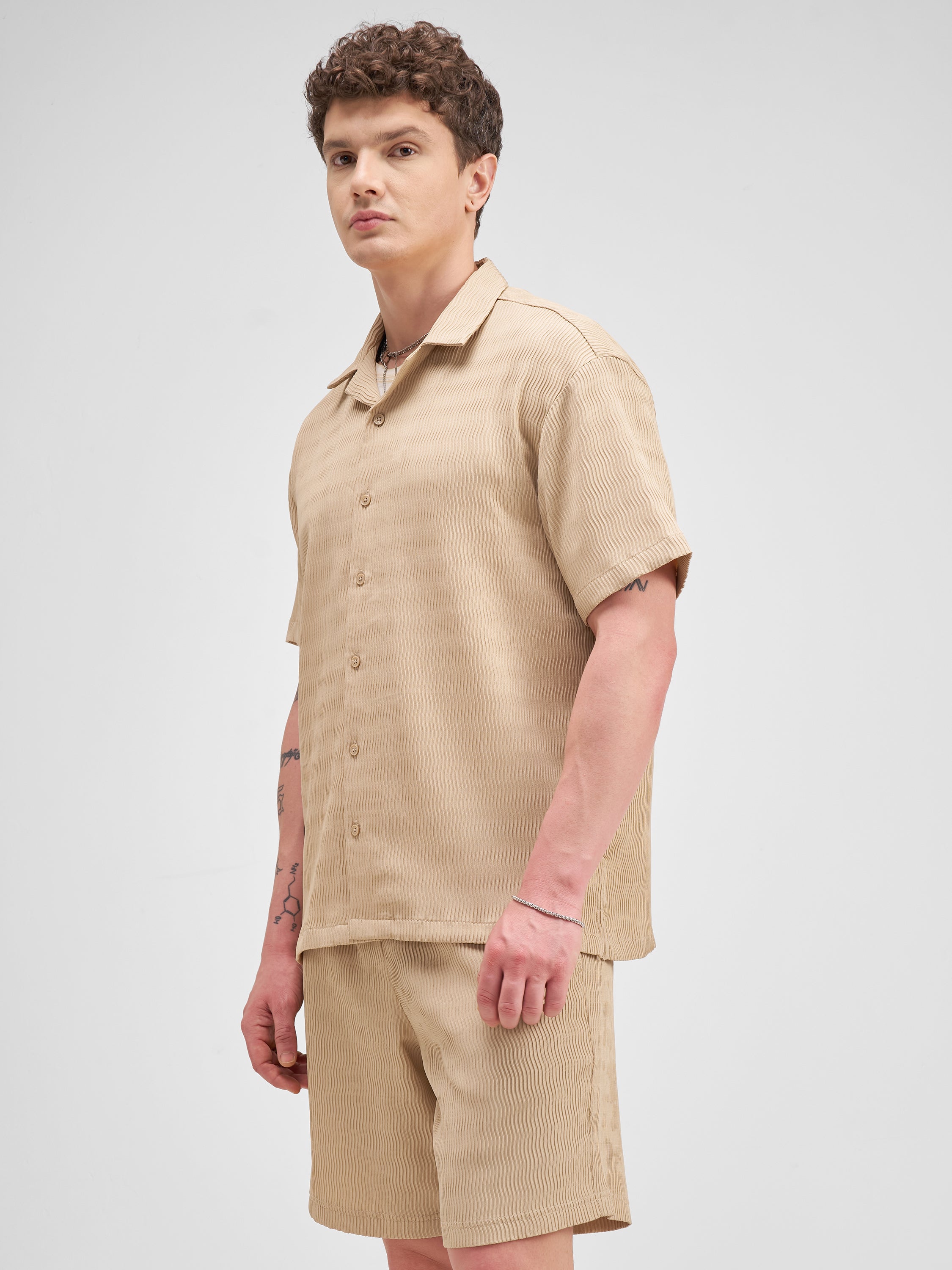 Highlander Men Beige Shirt With Shorts Co-Ords - Beige - Image 4