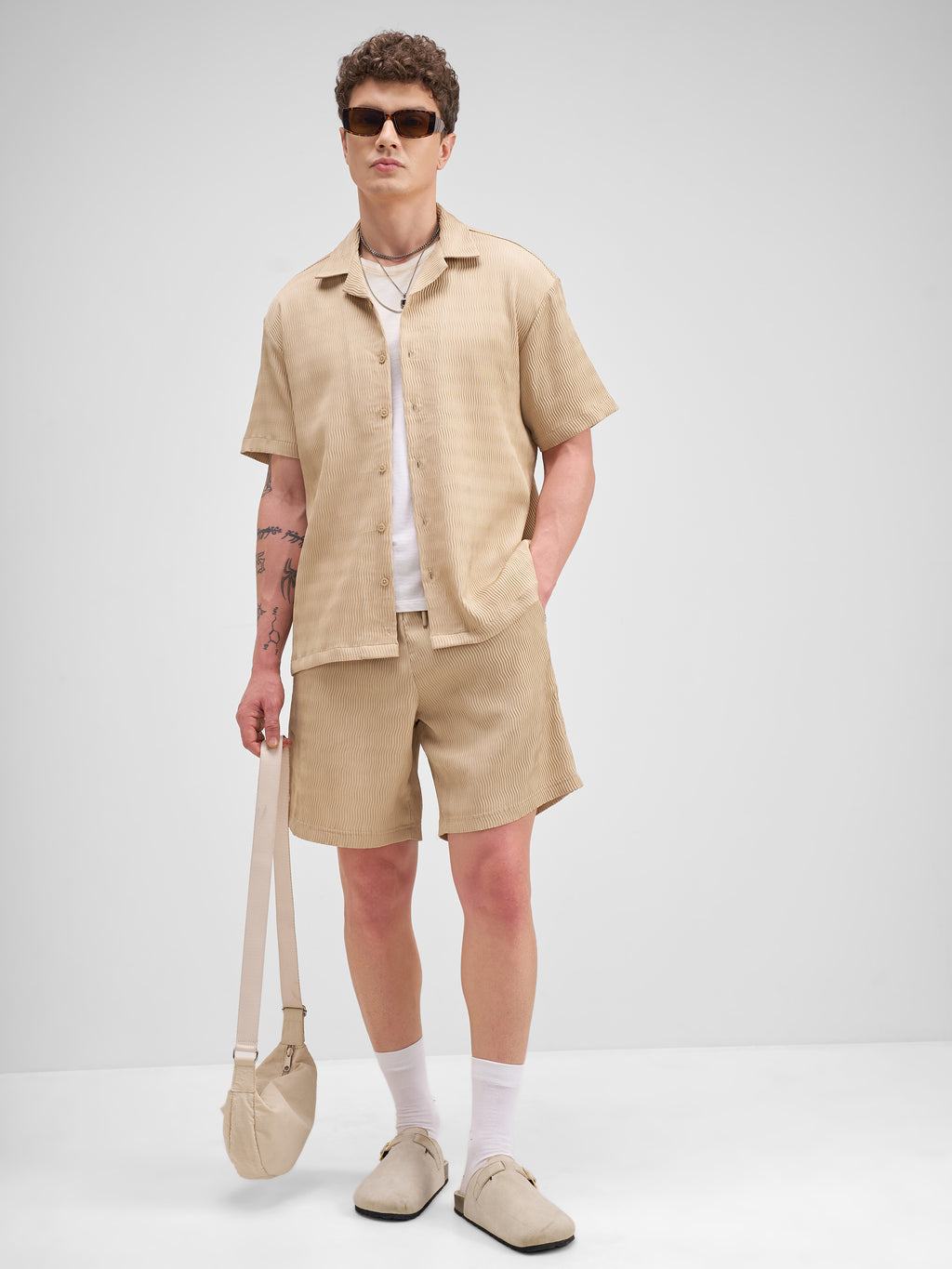 Highlander Men Beige Shirt With Shorts Co-Ords