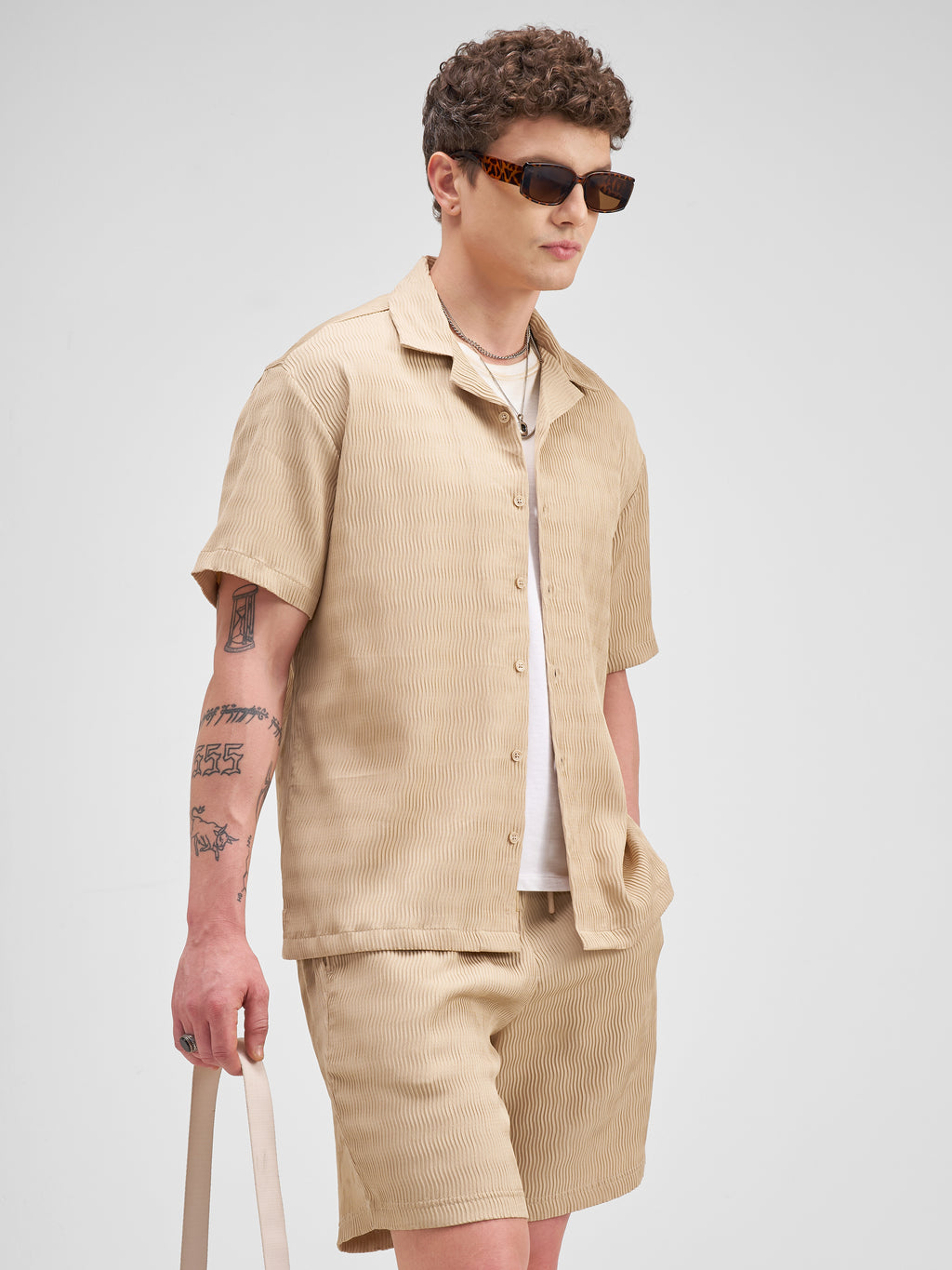 Highlander Men Beige Shirt With Shorts Co-Ords