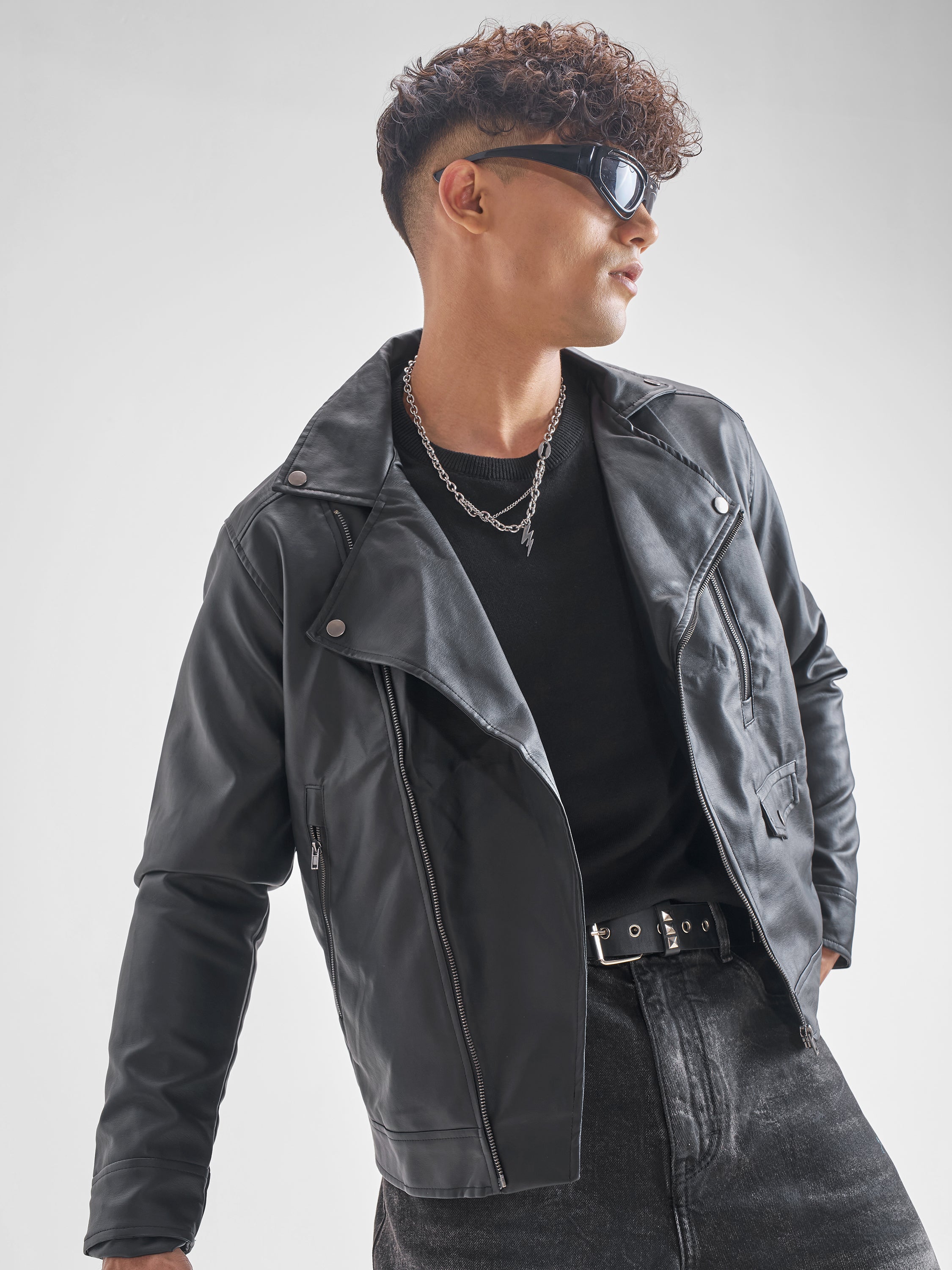 Highlander Men Black Solid Leather Jacket - Black - Image 1