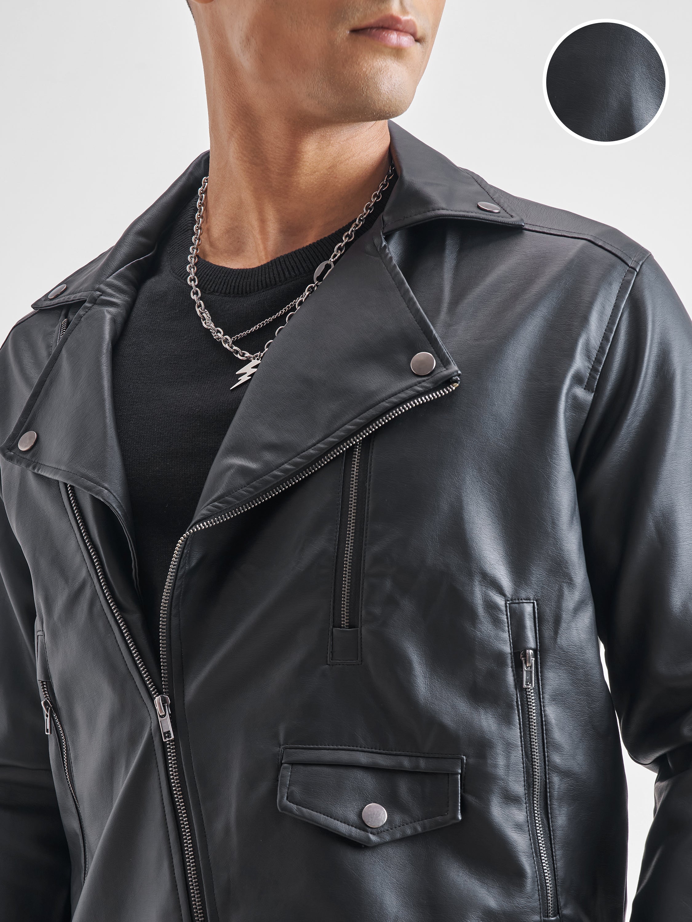 Highlander Men Black Solid Leather Jacket - Black - Image 5