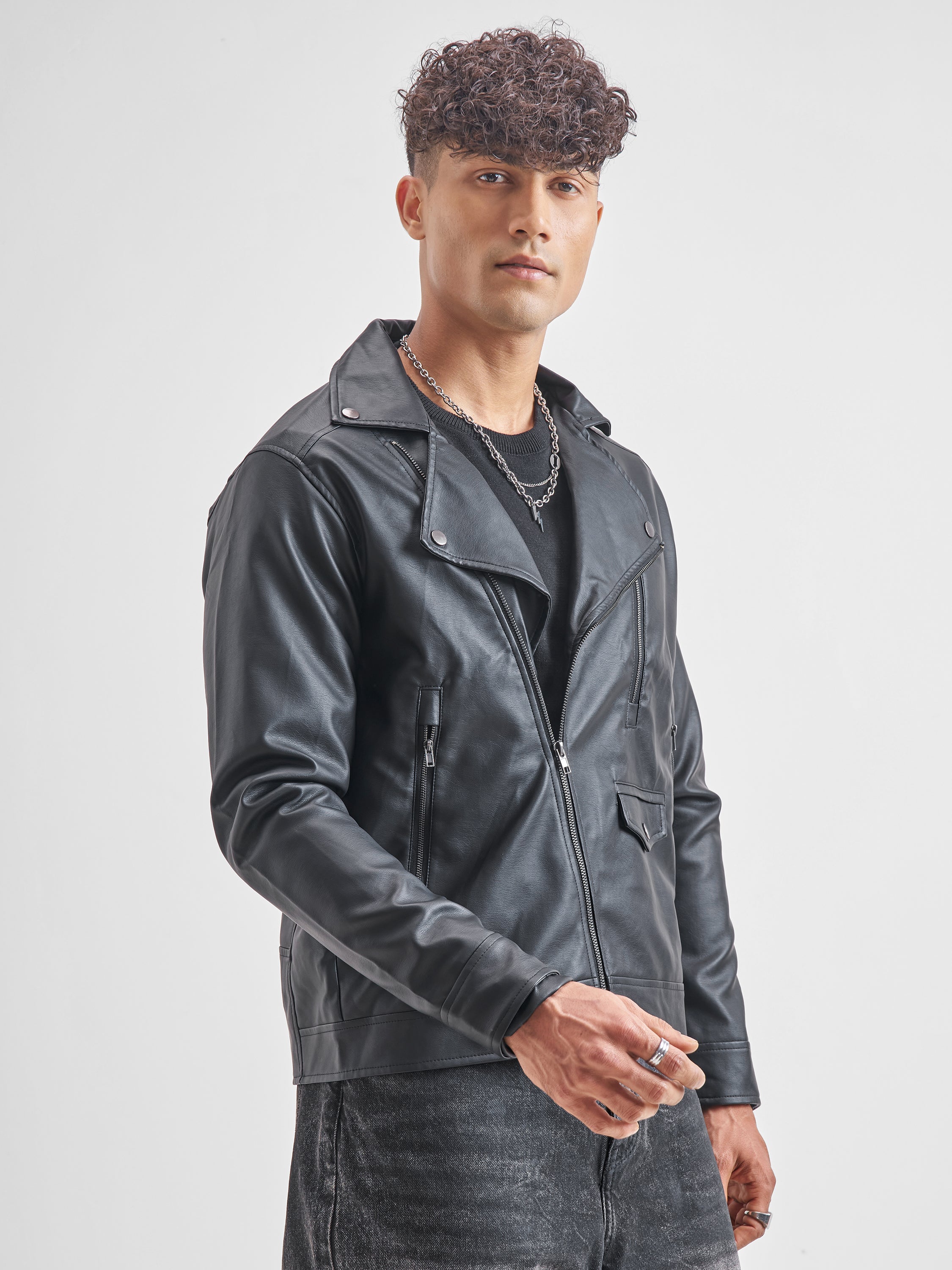 Highlander Men Black Solid Leather Jacket - Black - Image 6