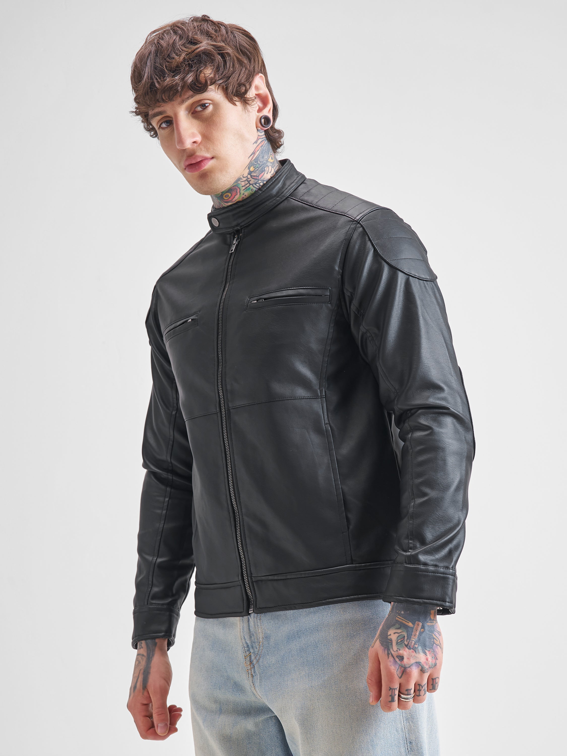 Highlander Men Black Solid Biker Jacket - Black - Image 4