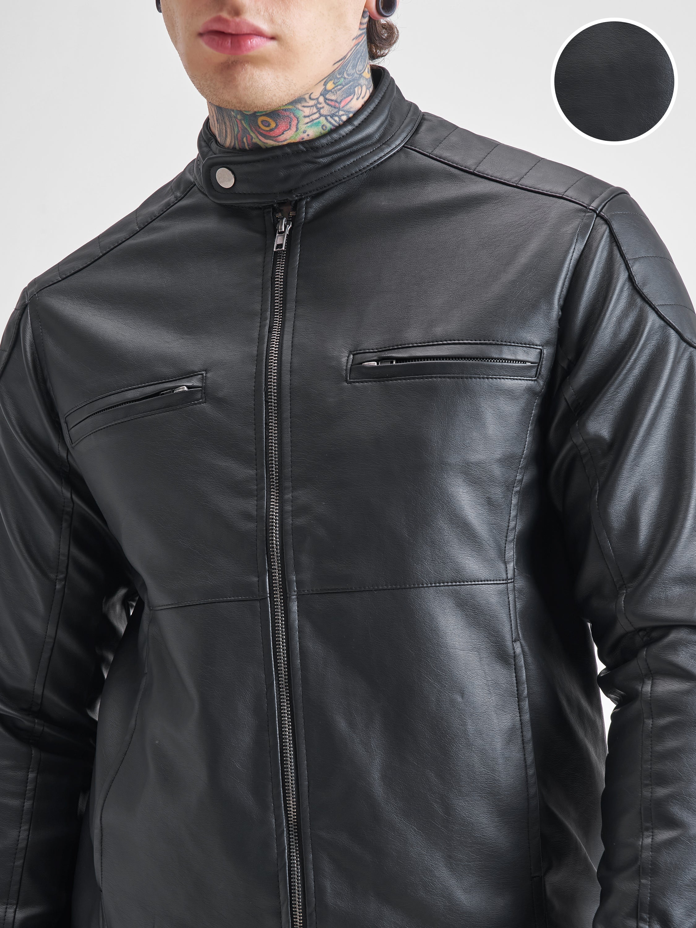 Highlander Men Black Solid Biker Jacket - Black - Image 5