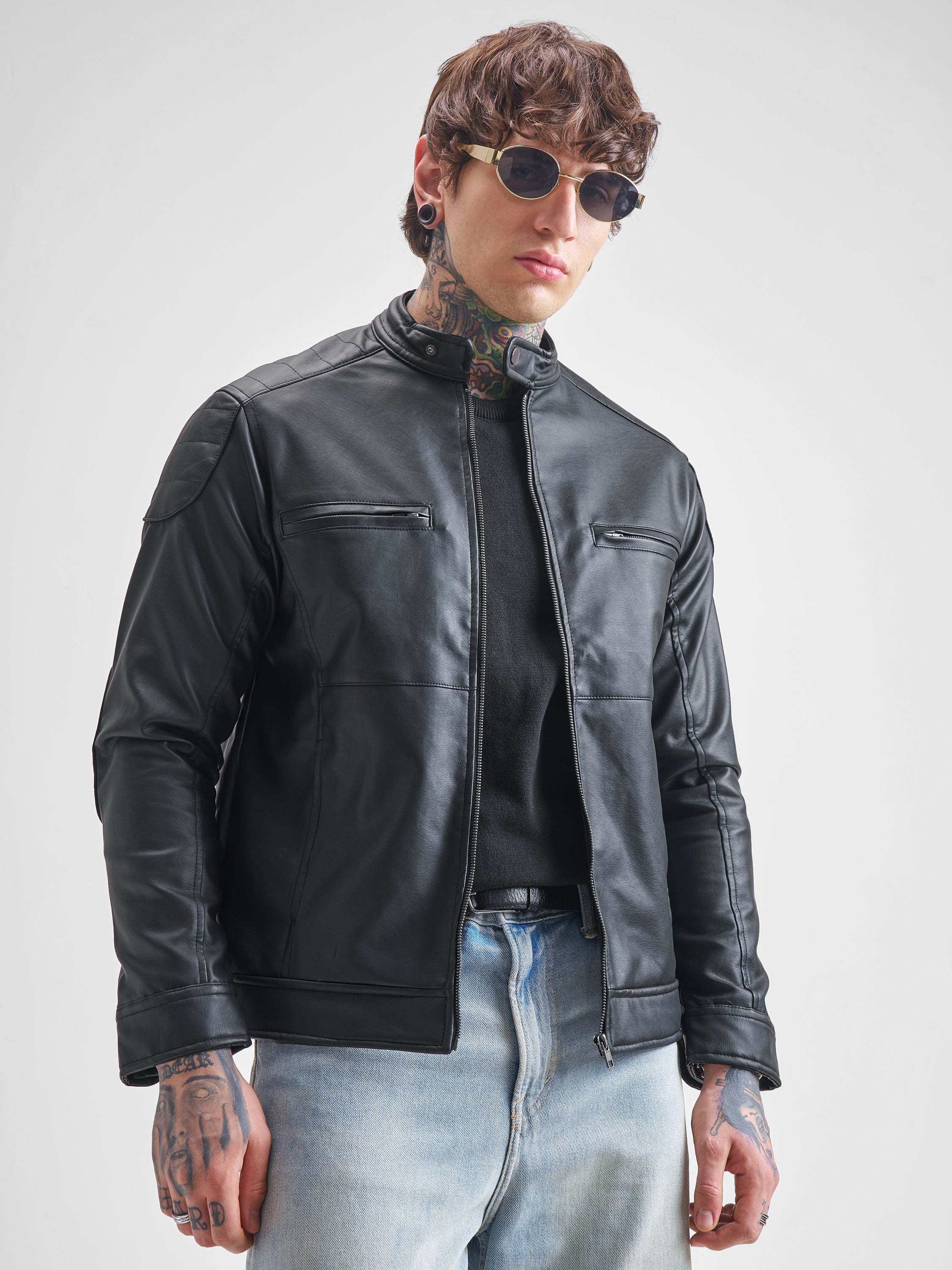 Highlander Men Black Solid Biker Jacket - Black - Image 6