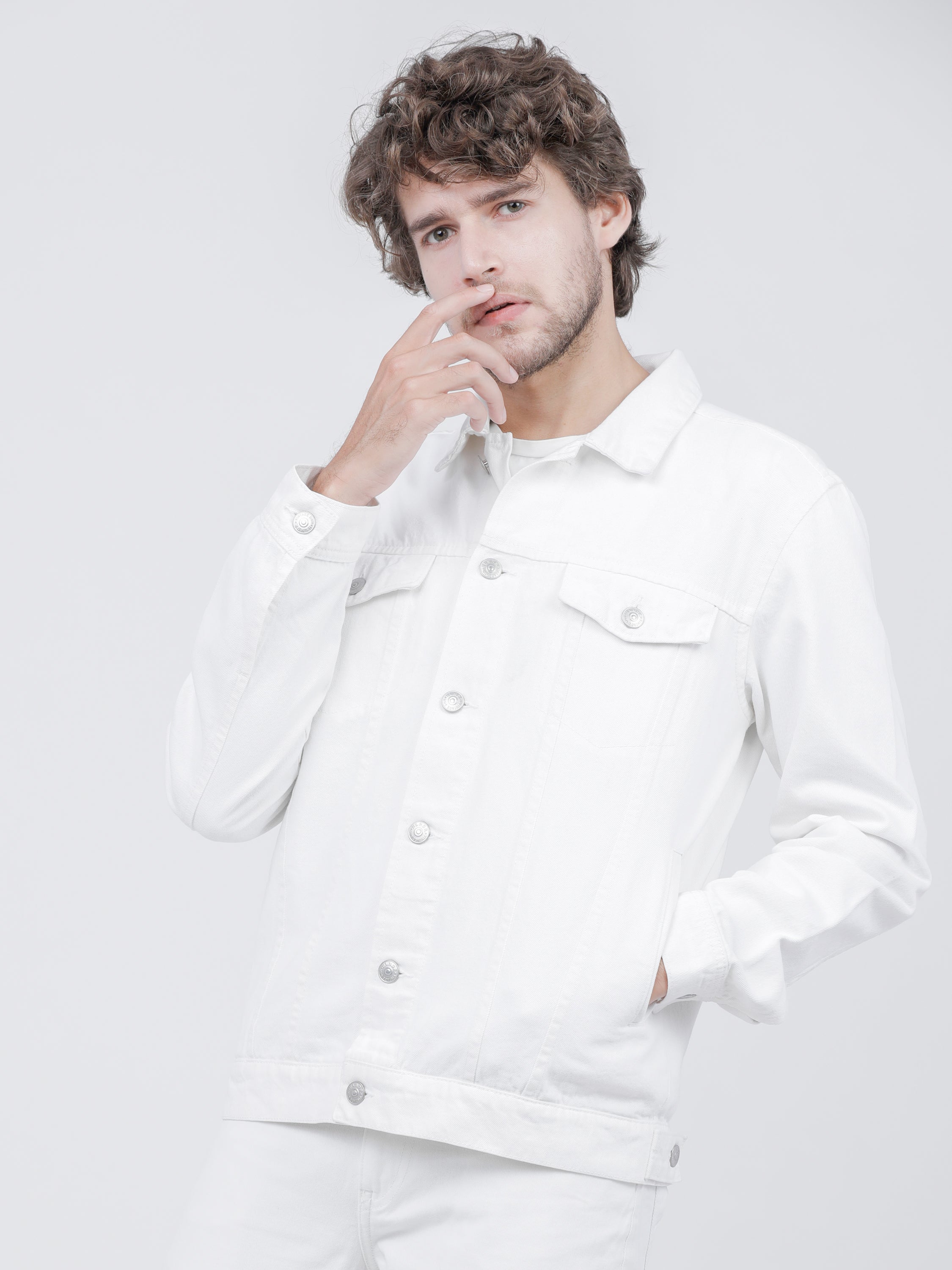 Highlander Men White Solid Denim Jacket - White - Image 2