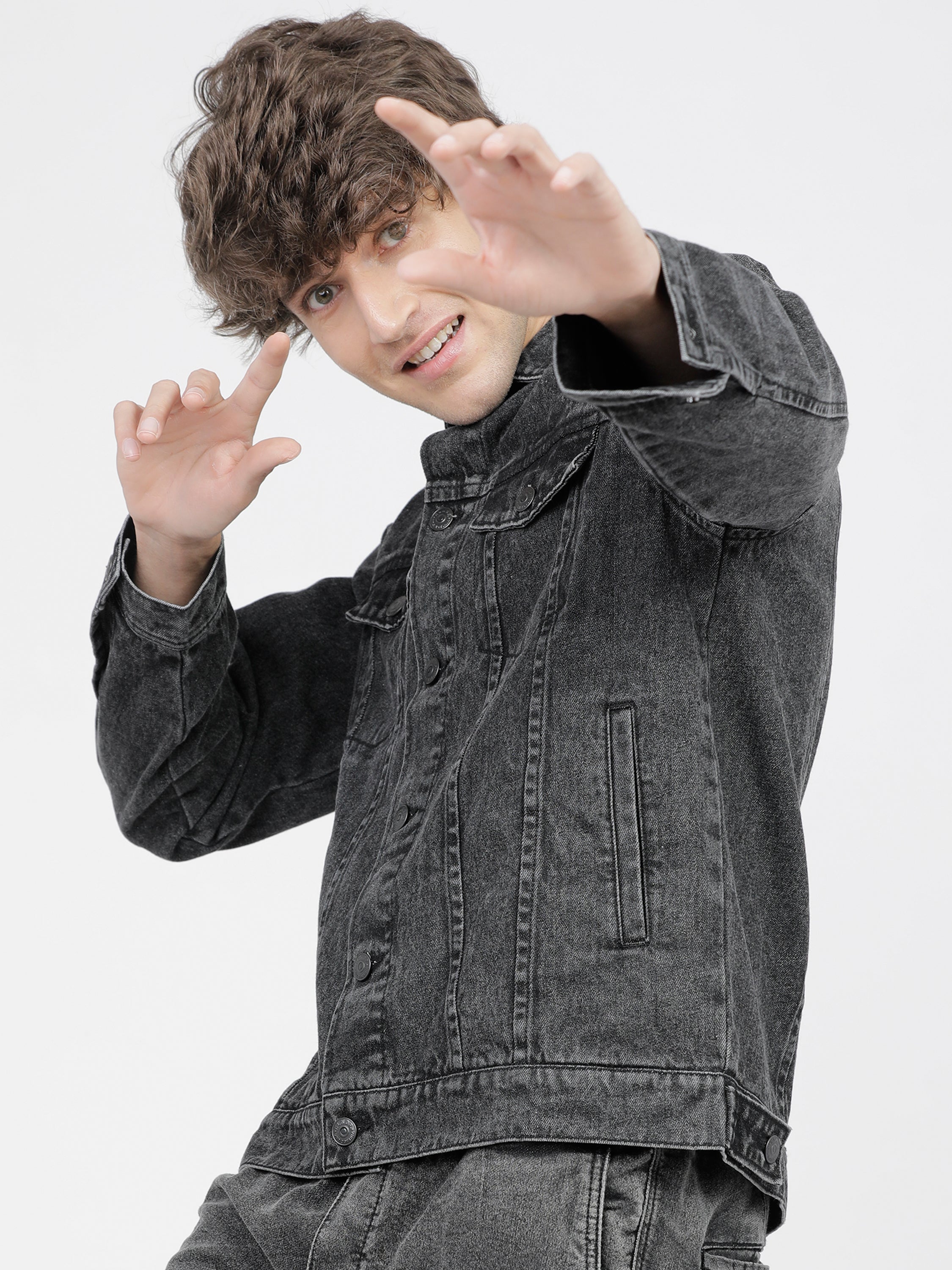 Highlander Men Grey Solid Denim Jacket - Grey - Image 1