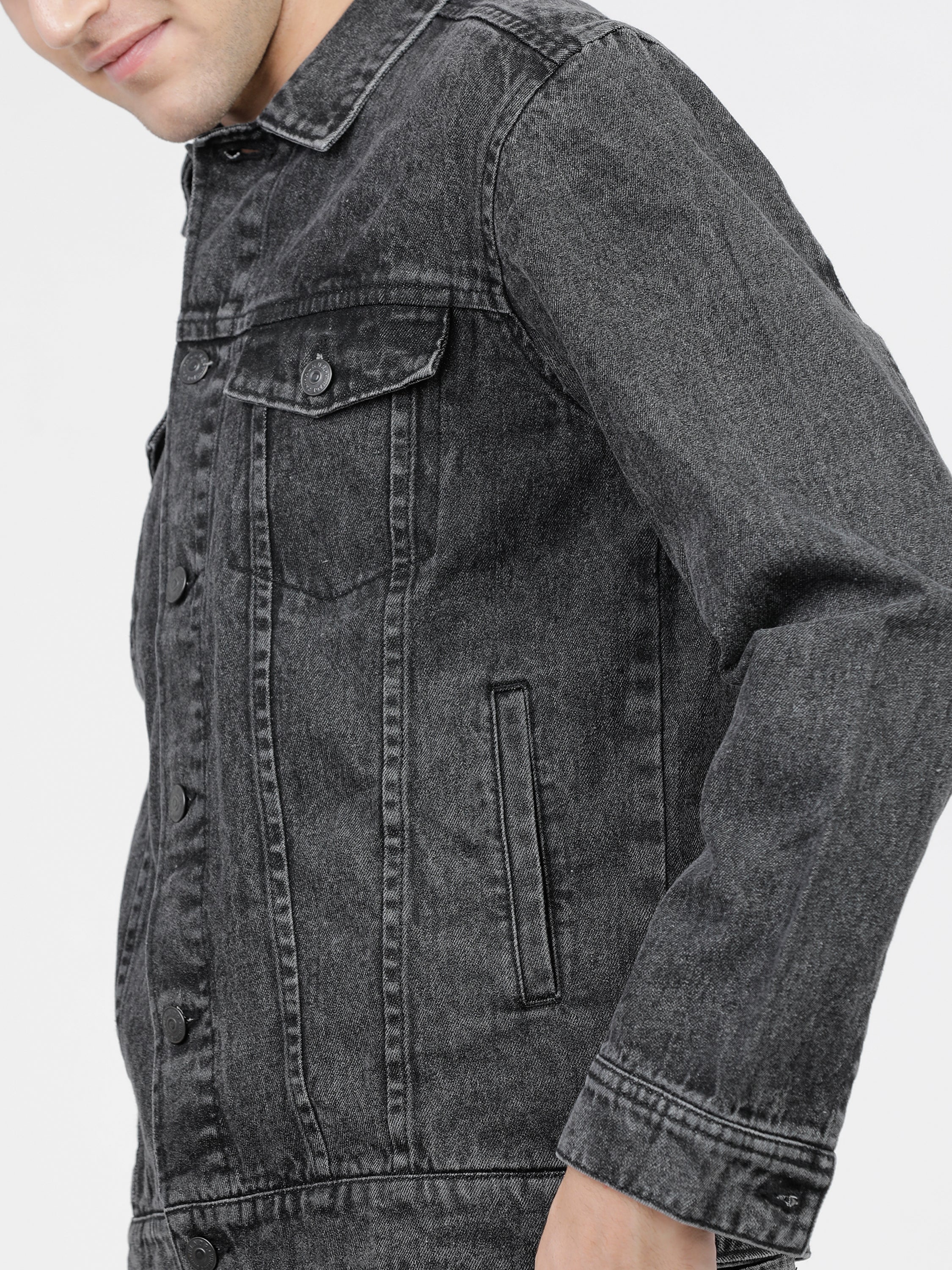 Highlander Men Grey Solid Denim Jacket - Grey - Image 4
