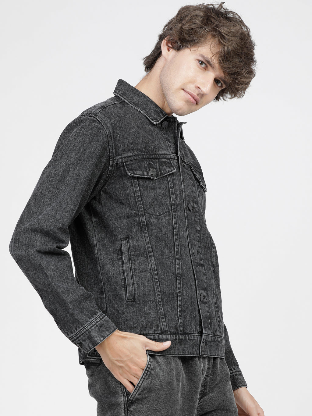 Highlander Men Grey Solid Denim Jacket - Grey - Image 6