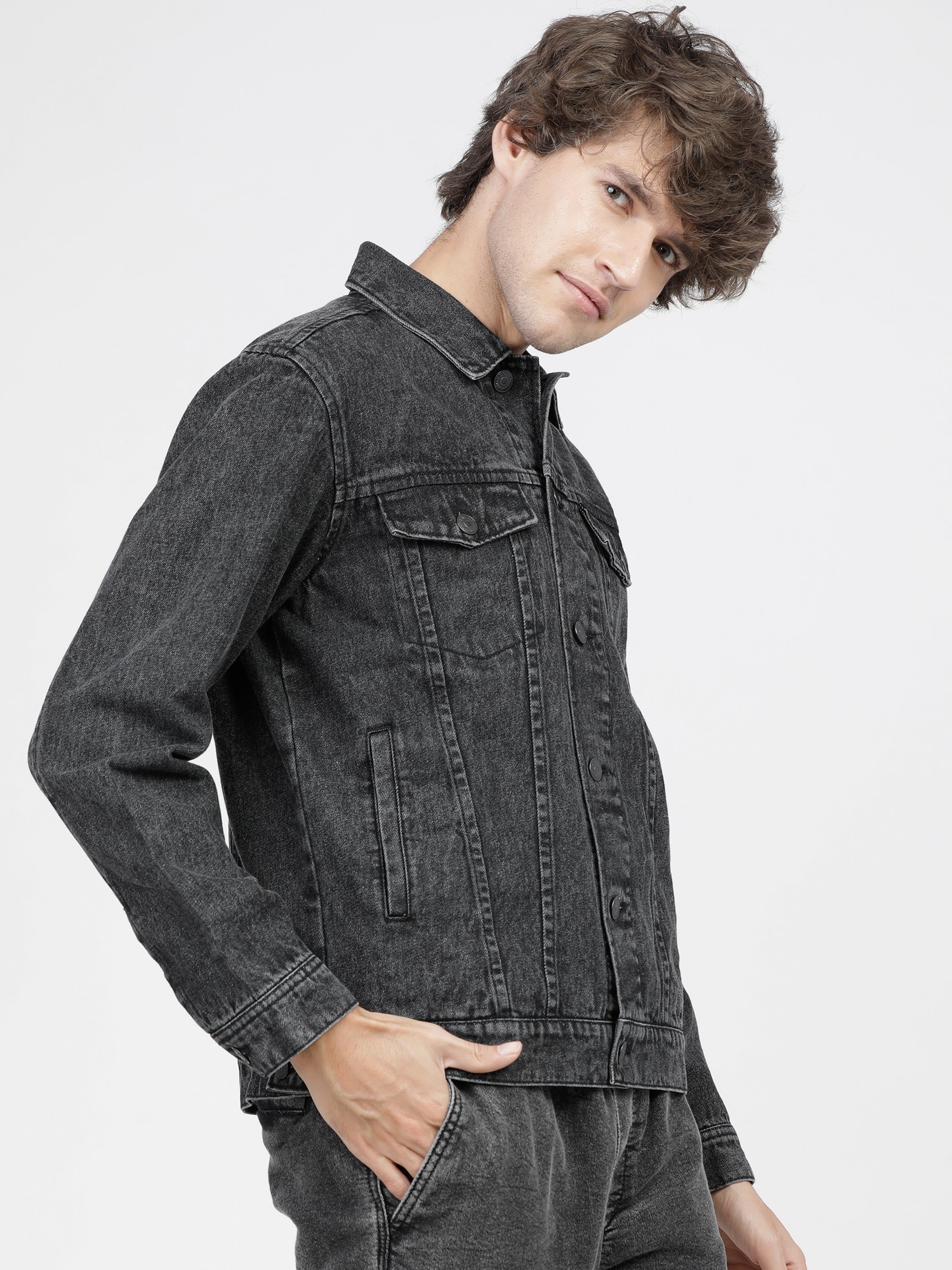 Highlander Men Grey Solid Denim Jacket - Grey - Image 6