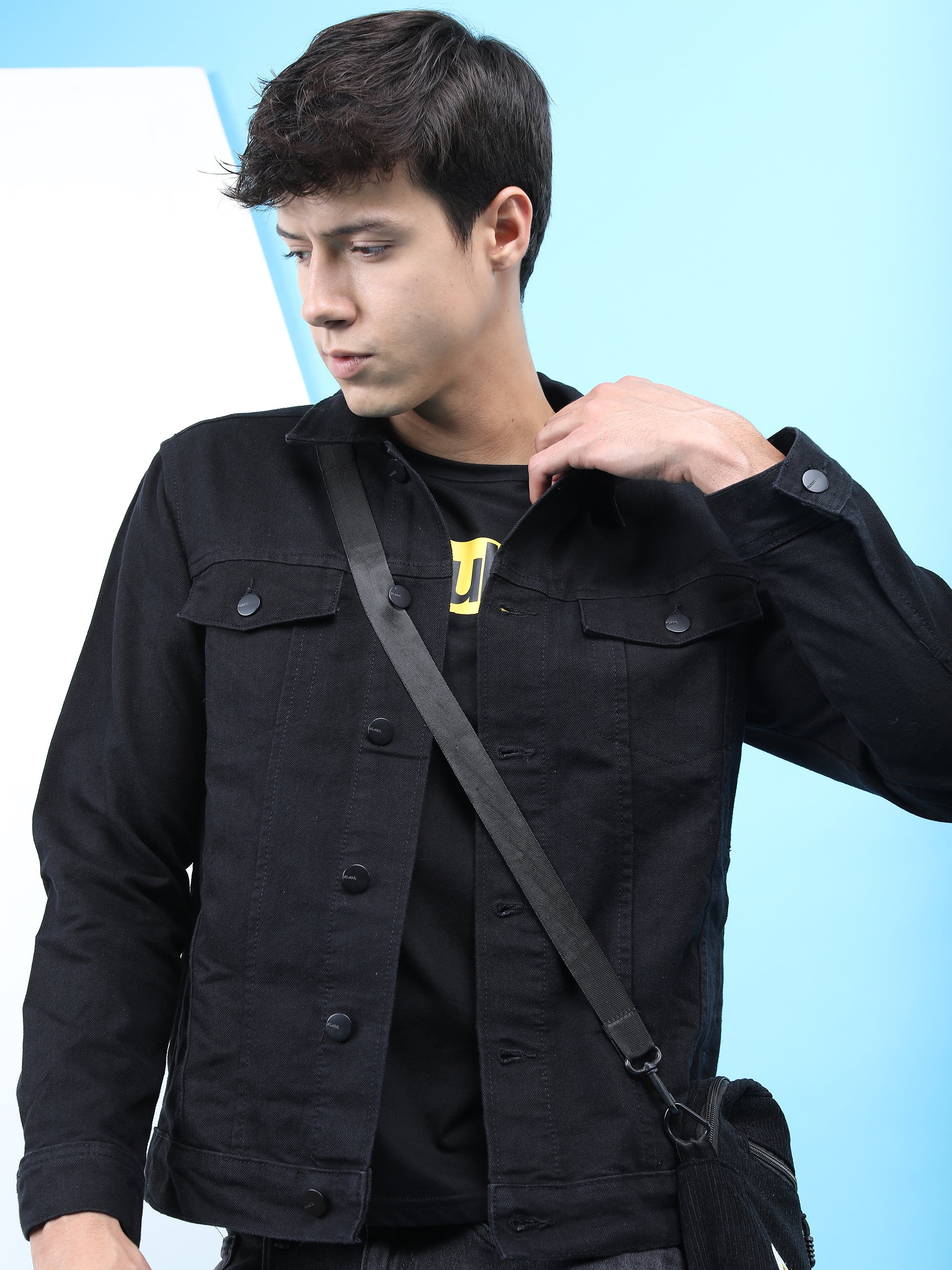 Highlander Men Black Solid Denim Jacket - Black - Image 1