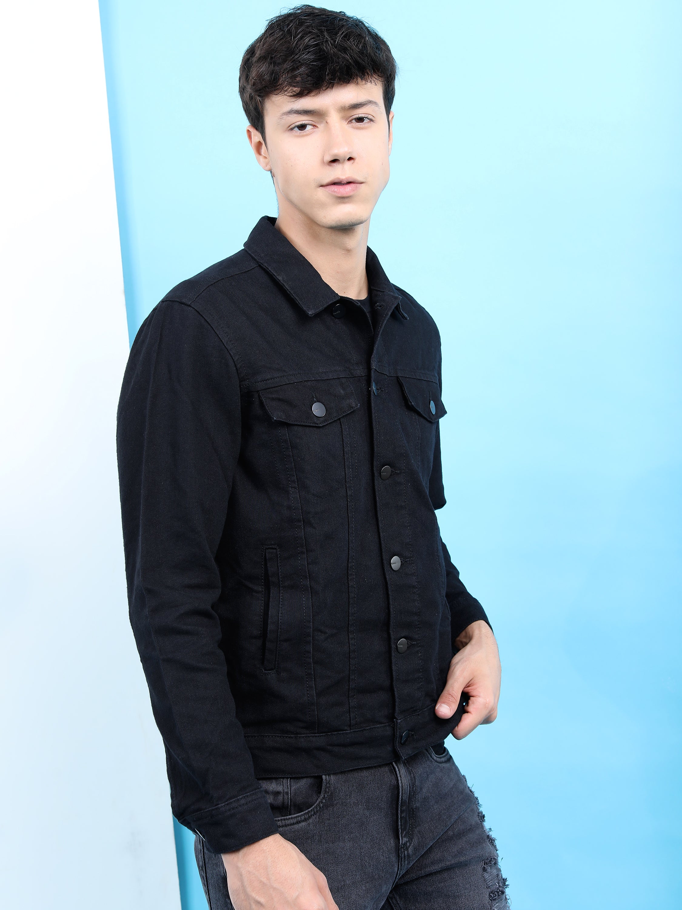 Highlander Men Black Solid Denim Jacket - Black - Image 6