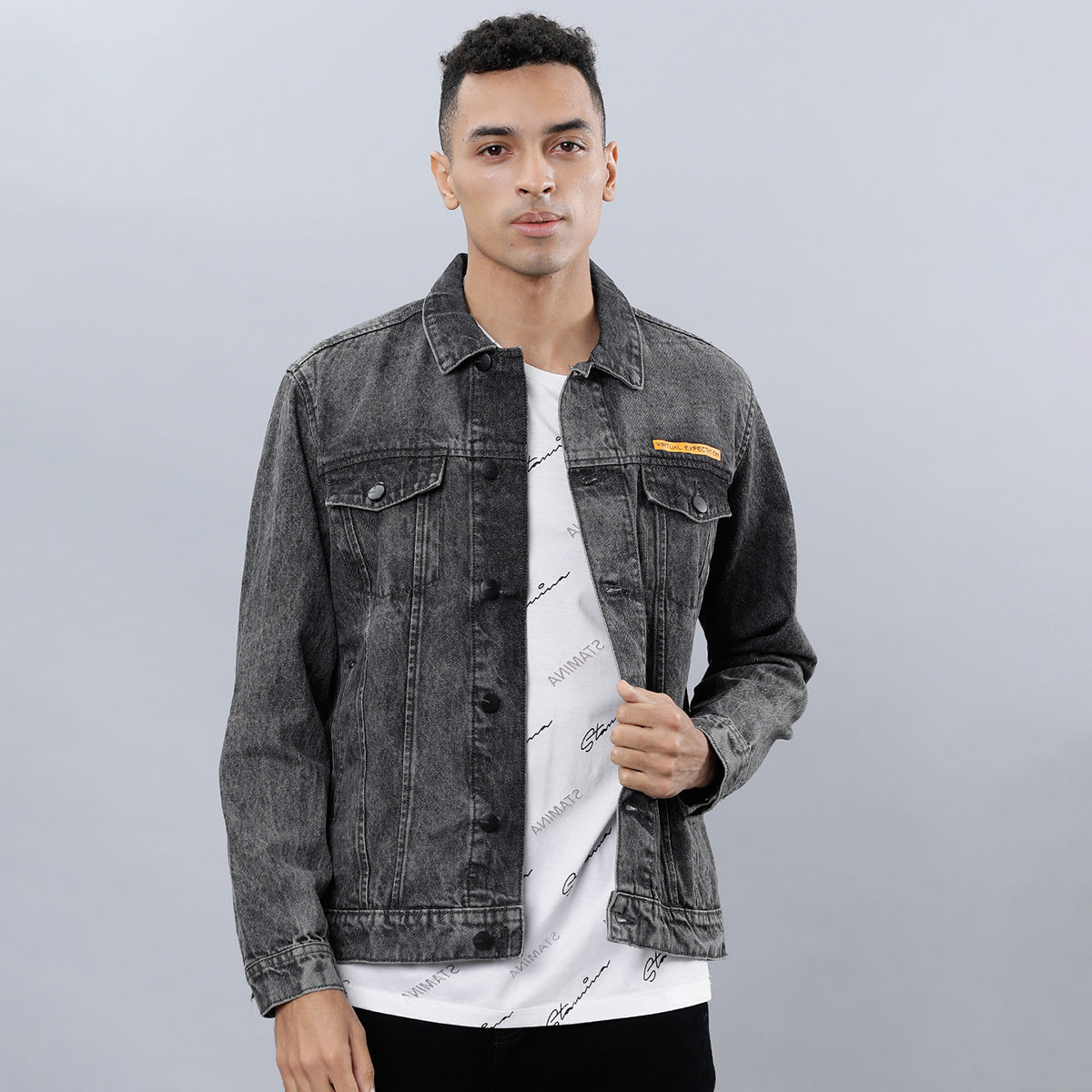 Highlander Mens Dark Grey Denim Jacket - Grey - Image 1