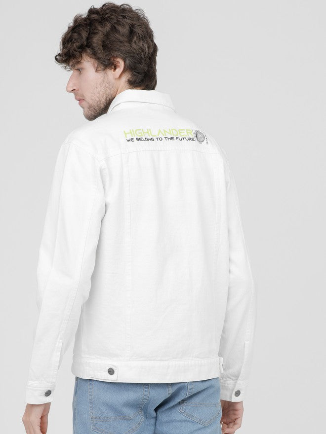 Highlander Men White Solid Denim Jacket - White - Image 3