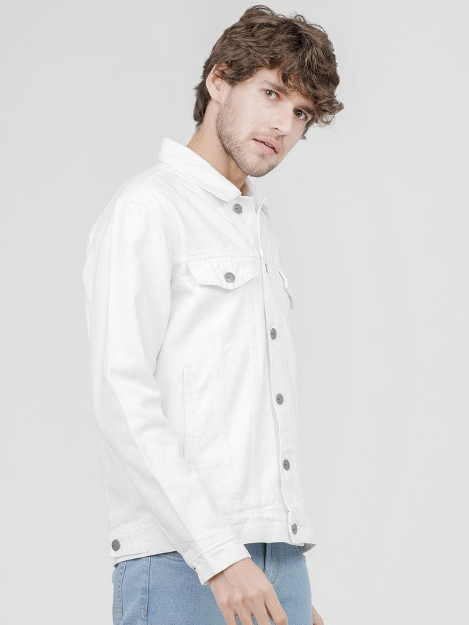 Highlander Men White Solid Denim Jacket - White - Image 6