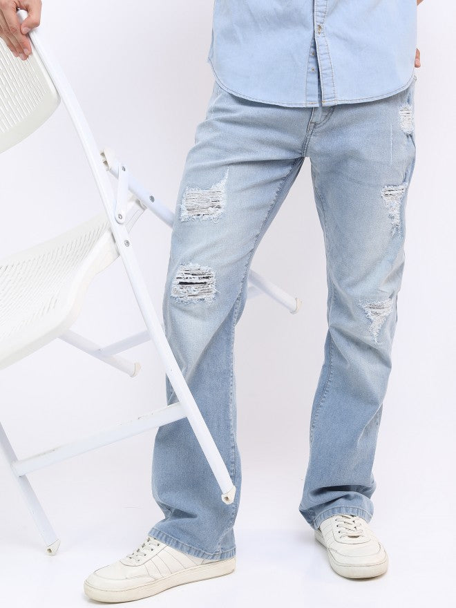 Highlander Men Blue Bootcut Highly Distressed Stretchable Jeans - Blue - Image 1