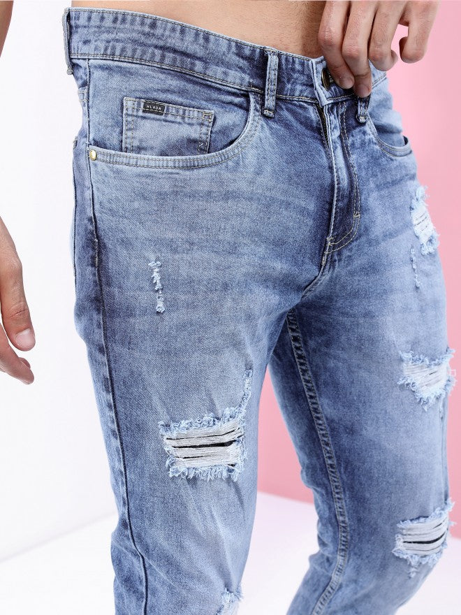 Highlander Men Light Blue Tapered Fit Highly Distressed Stretchable Jeans - Blue - Image 5