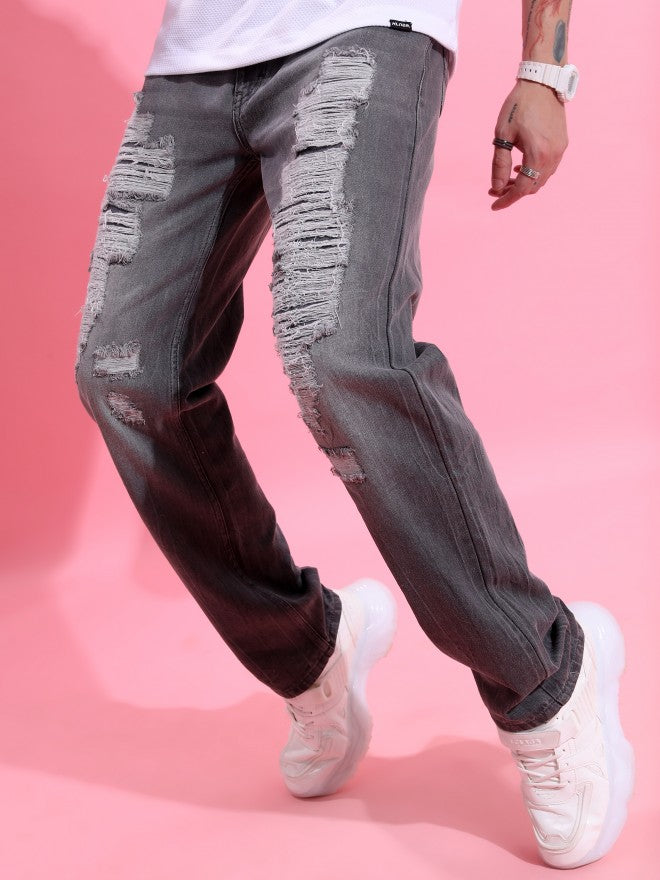 Highlander Men Grey Straight Fit Highly Distressed Stretchable Jeans - Grey - Image 1