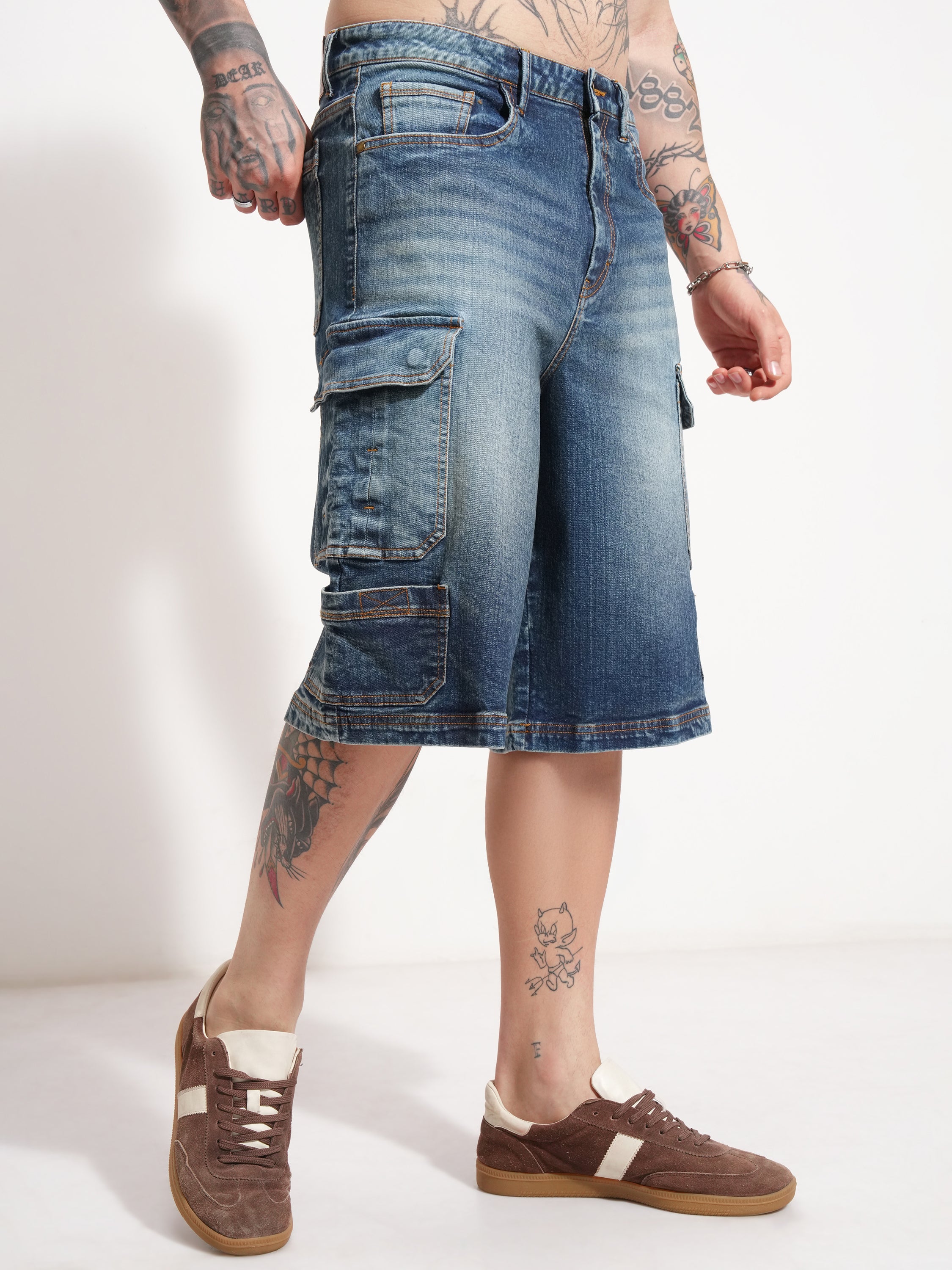 Highlander Men Blue Baggy Cargo Shorts - Blue - Image 6