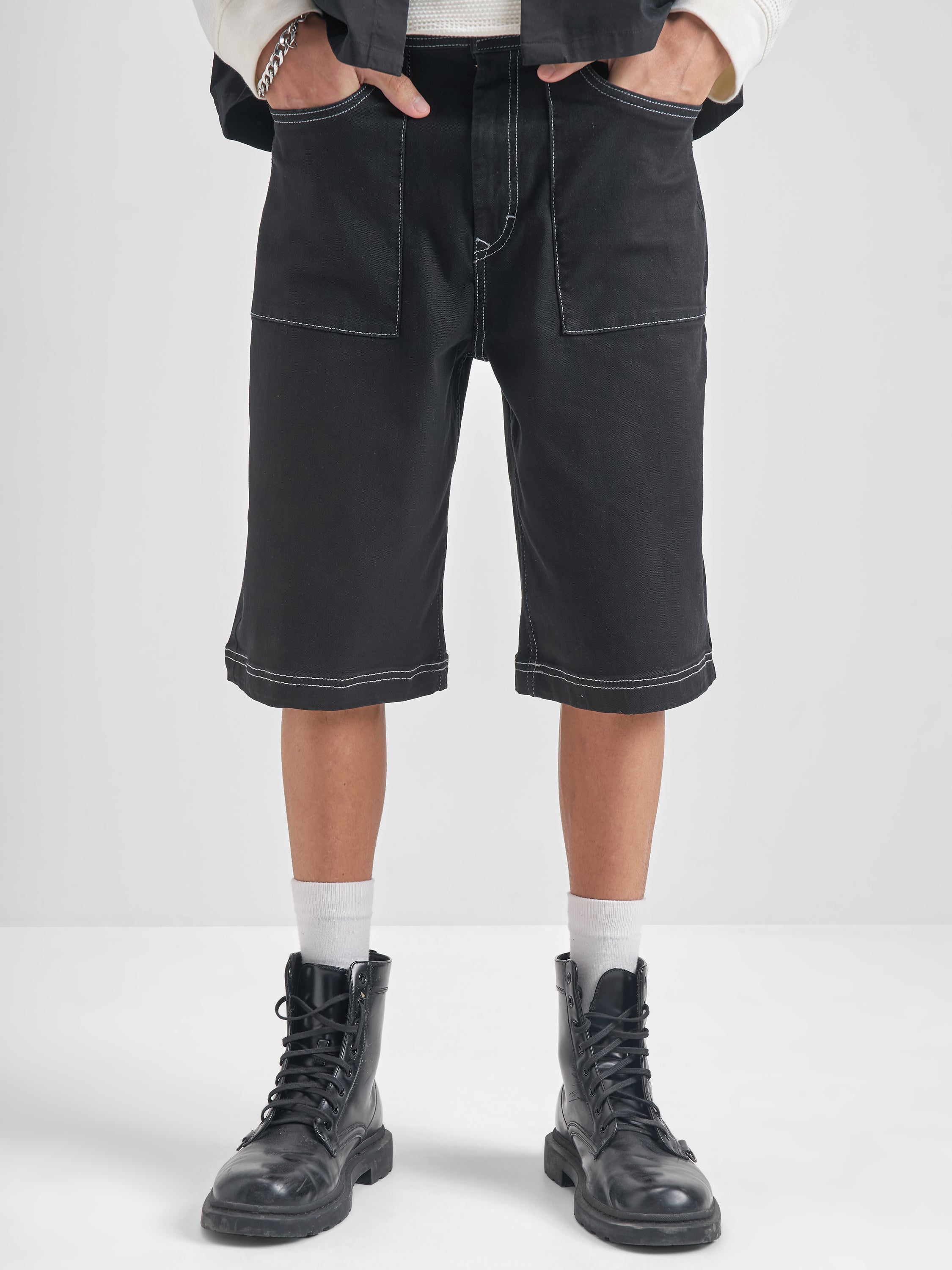 Highlander Men Black Baggy Fit Denim Shorts - Black - Image 1