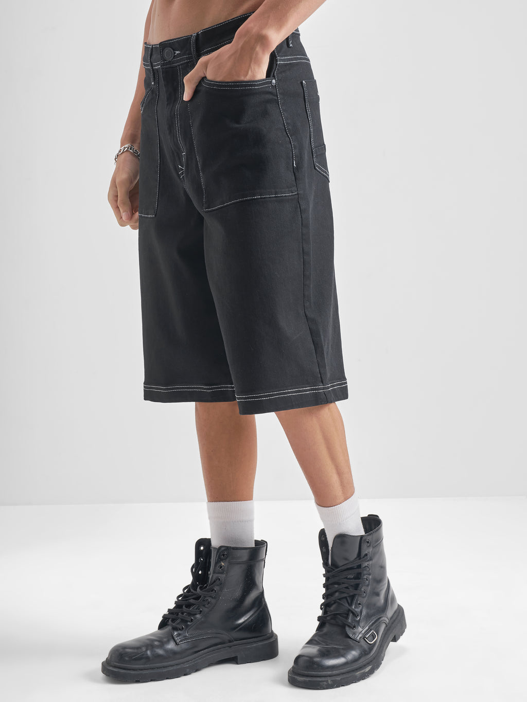 Highlander Men Black Baggy Fit Denim Shorts - Black - Image 4