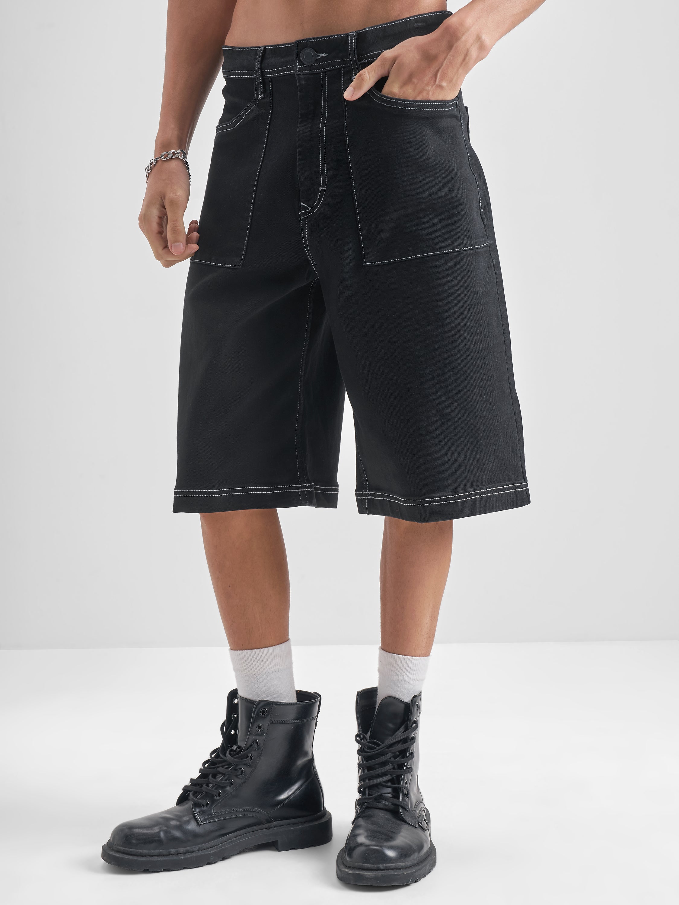 Highlander Men Black Baggy Fit Denim Shorts - Black - Image 6