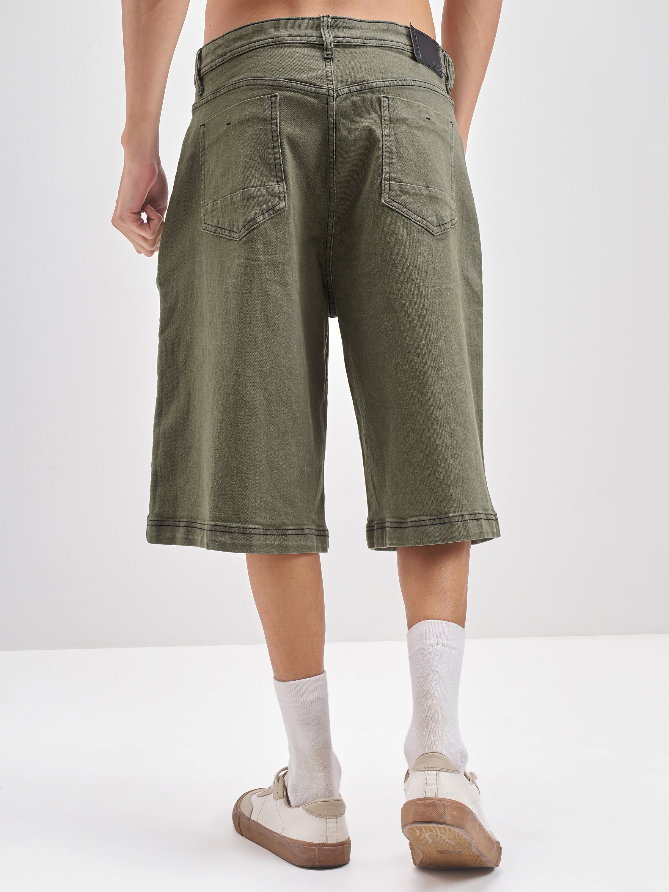 Highlander Men Olive Baggy Fit Denim Shorts - Olive - Image 3
