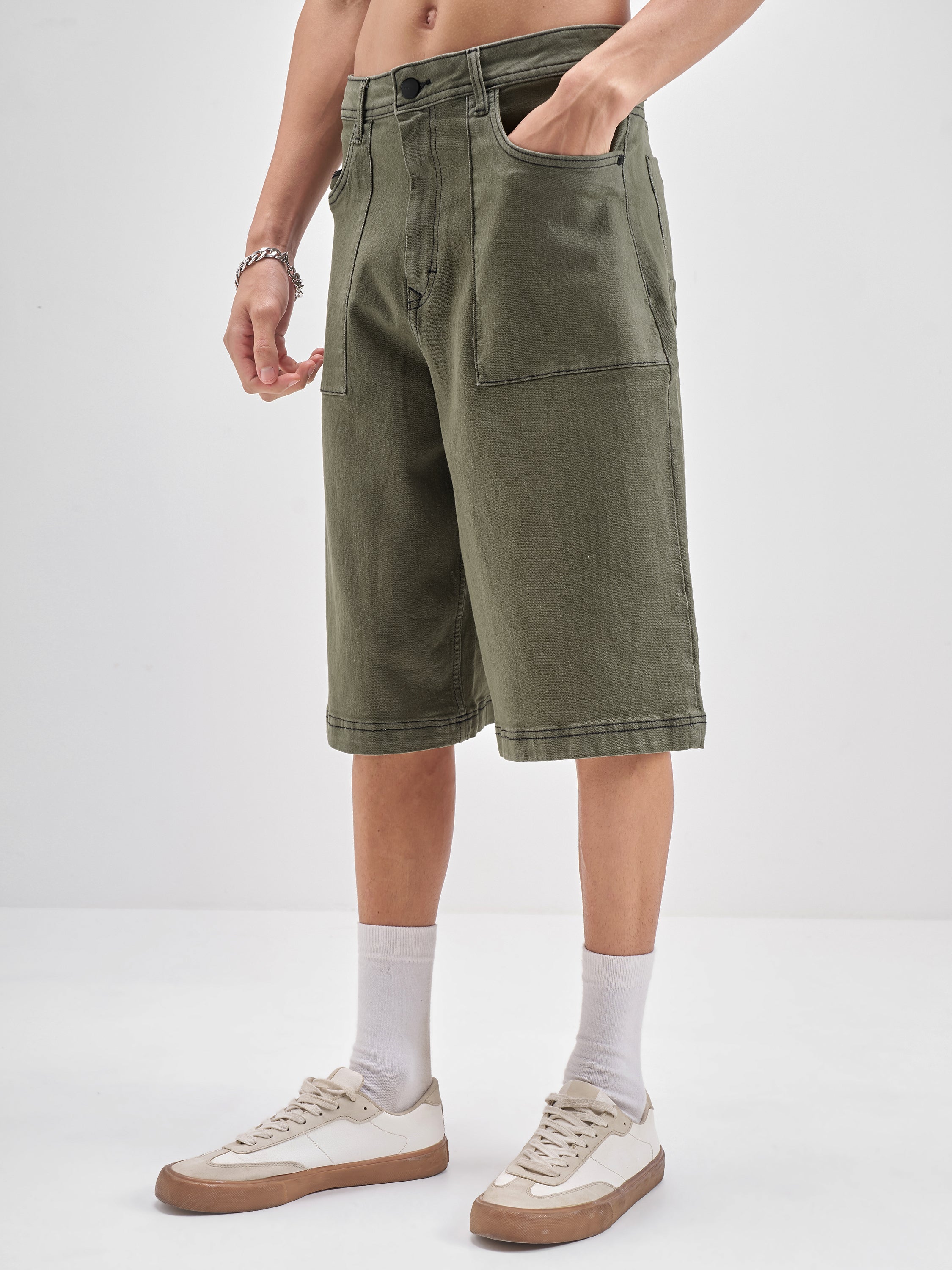 Highlander Men Olive Baggy Fit Denim Shorts - Olive - Image 4