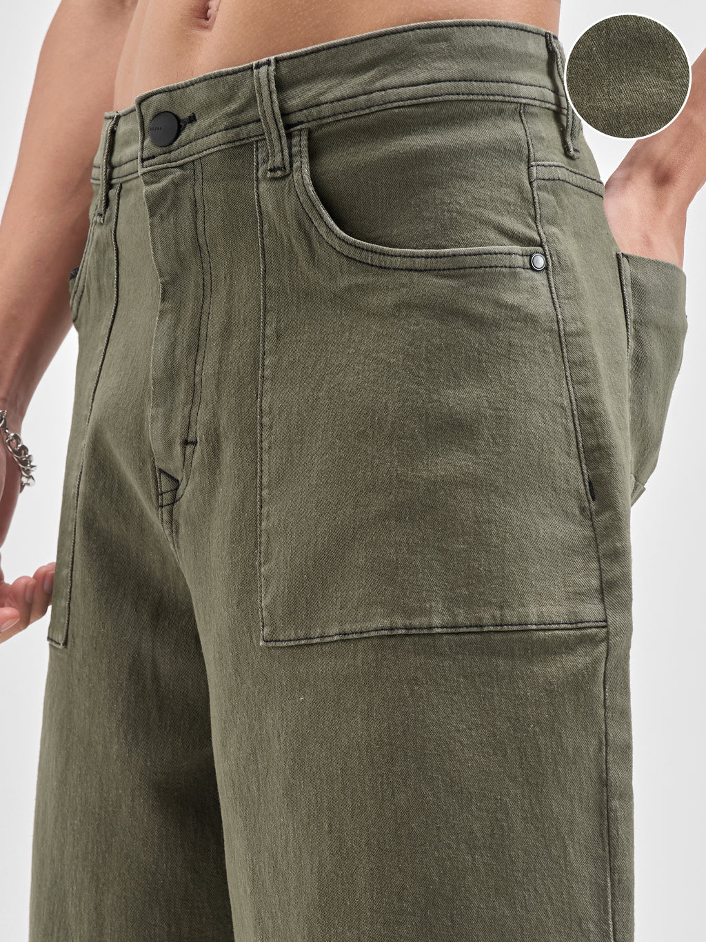 Highlander Men Olive Baggy Fit Denim Shorts - Olive - Image 5