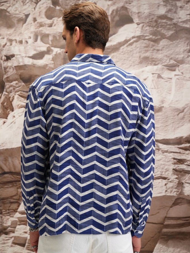 Highlander Men Blue Printed Oversized Fit Casual Shirt - Blue - Image 3