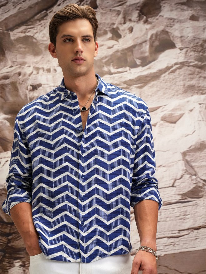 Highlander Men Blue Printed Oversized Fit Casual Shirt - Blue - Image 4