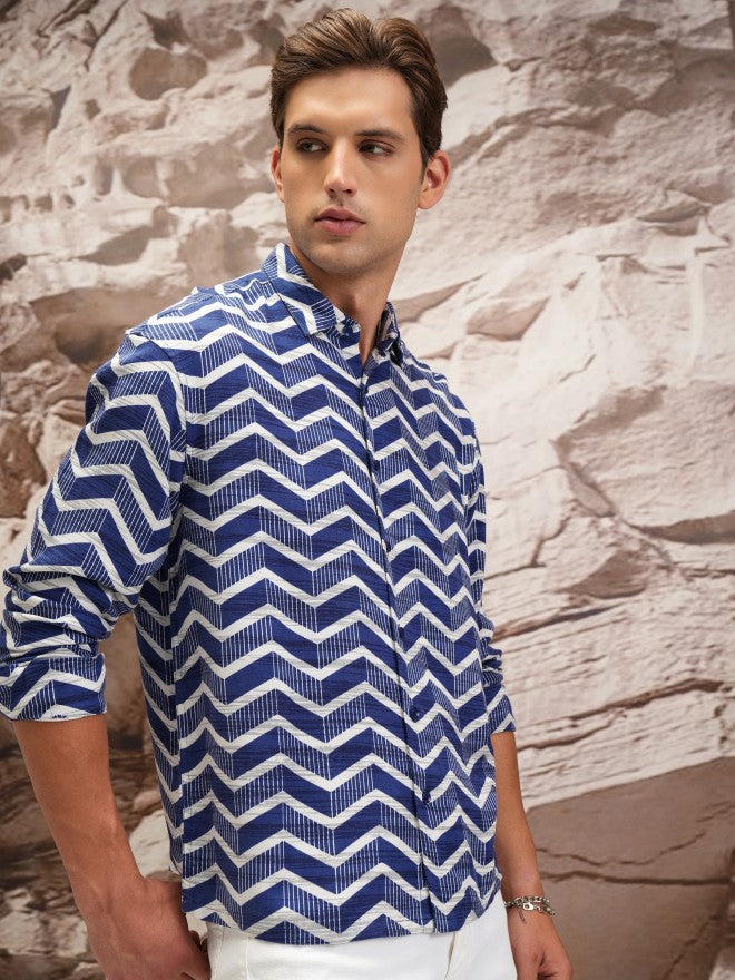 Highlander Men Blue Printed Oversized Fit Casual Shirt - Blue - Image 6