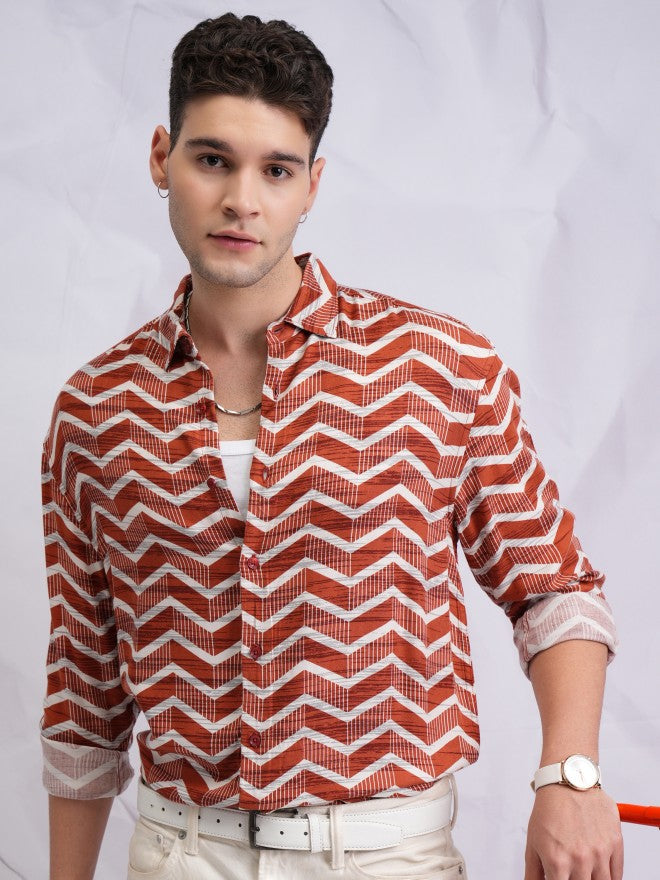 Highlander Men Terracotta Printed Oversized Fit Casual Shirt - Terracotta - Image 1