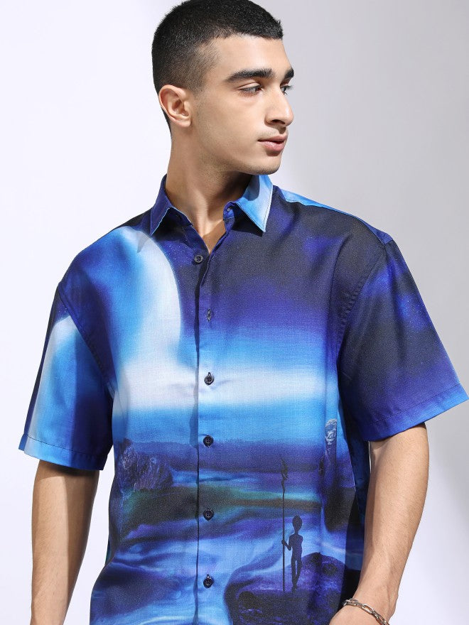 Highlander Men Blue Printed Oversized Fit Casual Shirt - Blue - Image 1