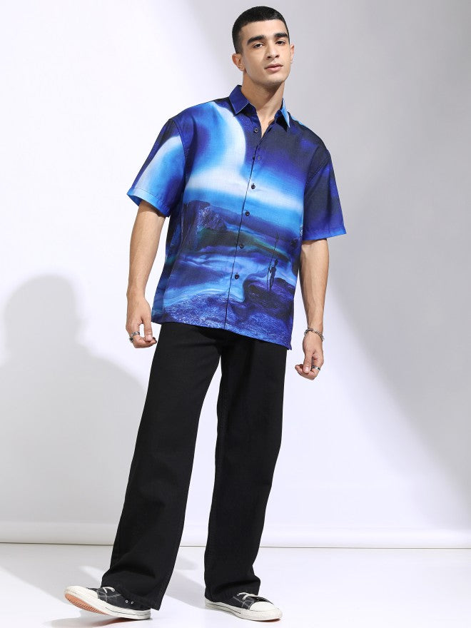 Highlander Men Blue Printed Oversized Fit Casual Shirt - Blue - Image 2
