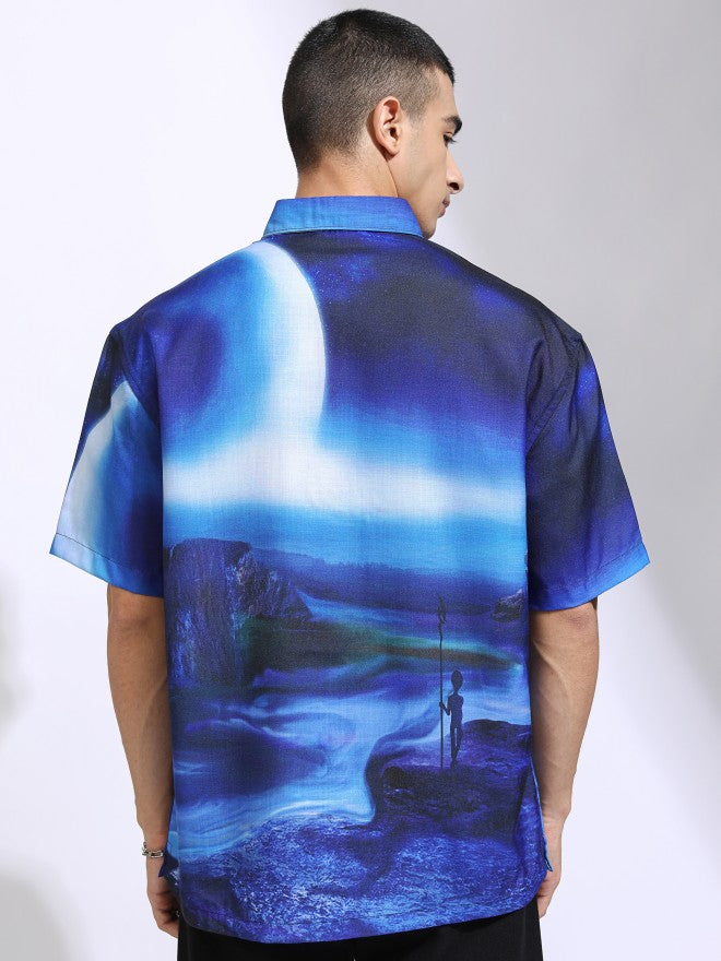 Highlander Men Blue Printed Oversized Fit Casual Shirt - Blue - Image 3